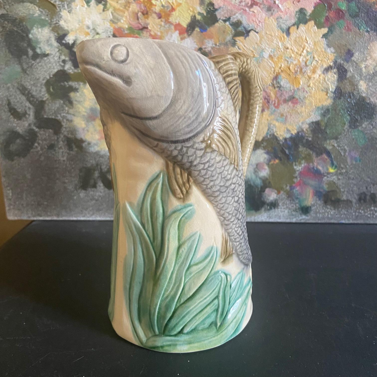 Glazed French Majolica Fish Pitcher, 1930s For Sale