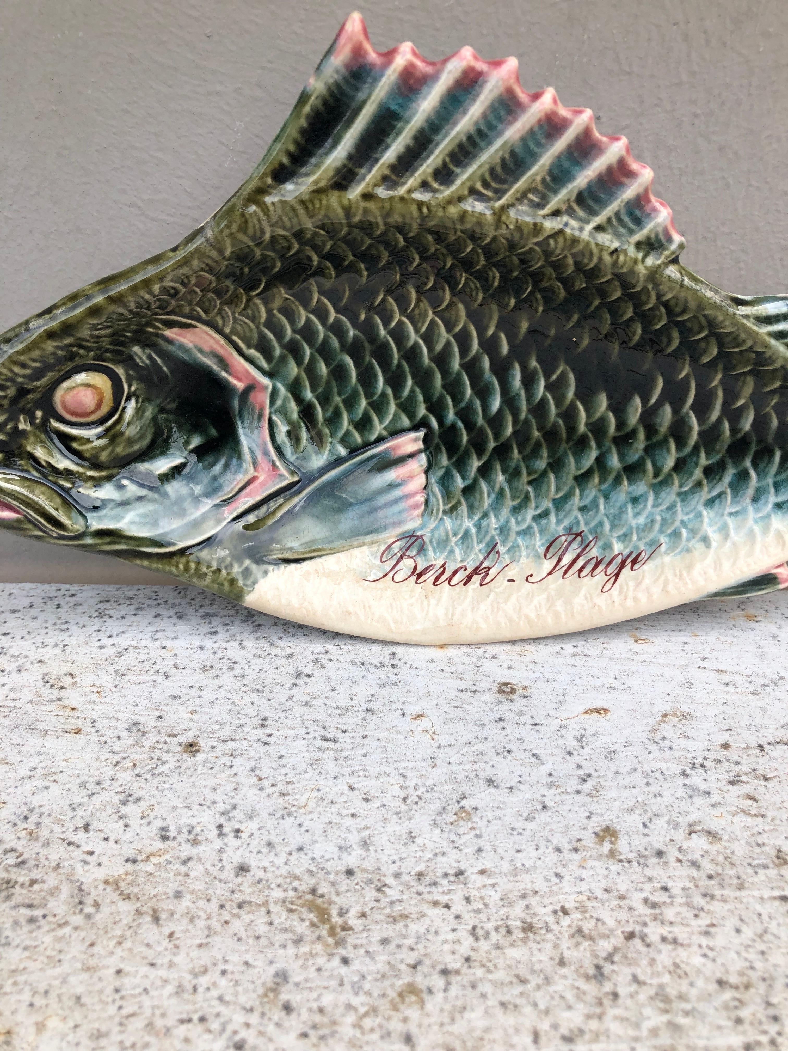 French Majolica fish platter fives Lille Circa 1900.
With the name of the beach city Berck-plage.