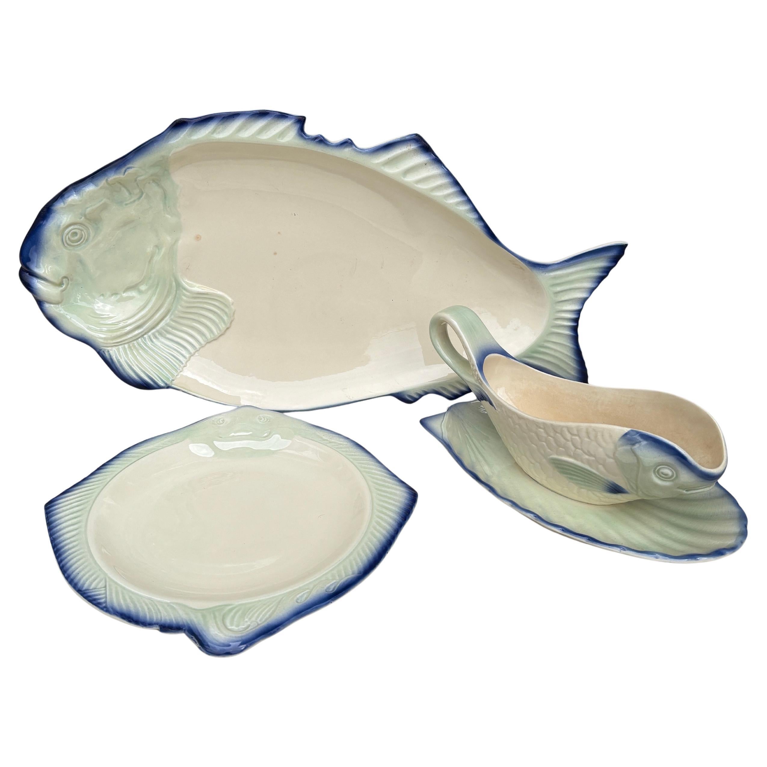 French Majolica Fish Set 12 Plates Platter & Saucer Montereau