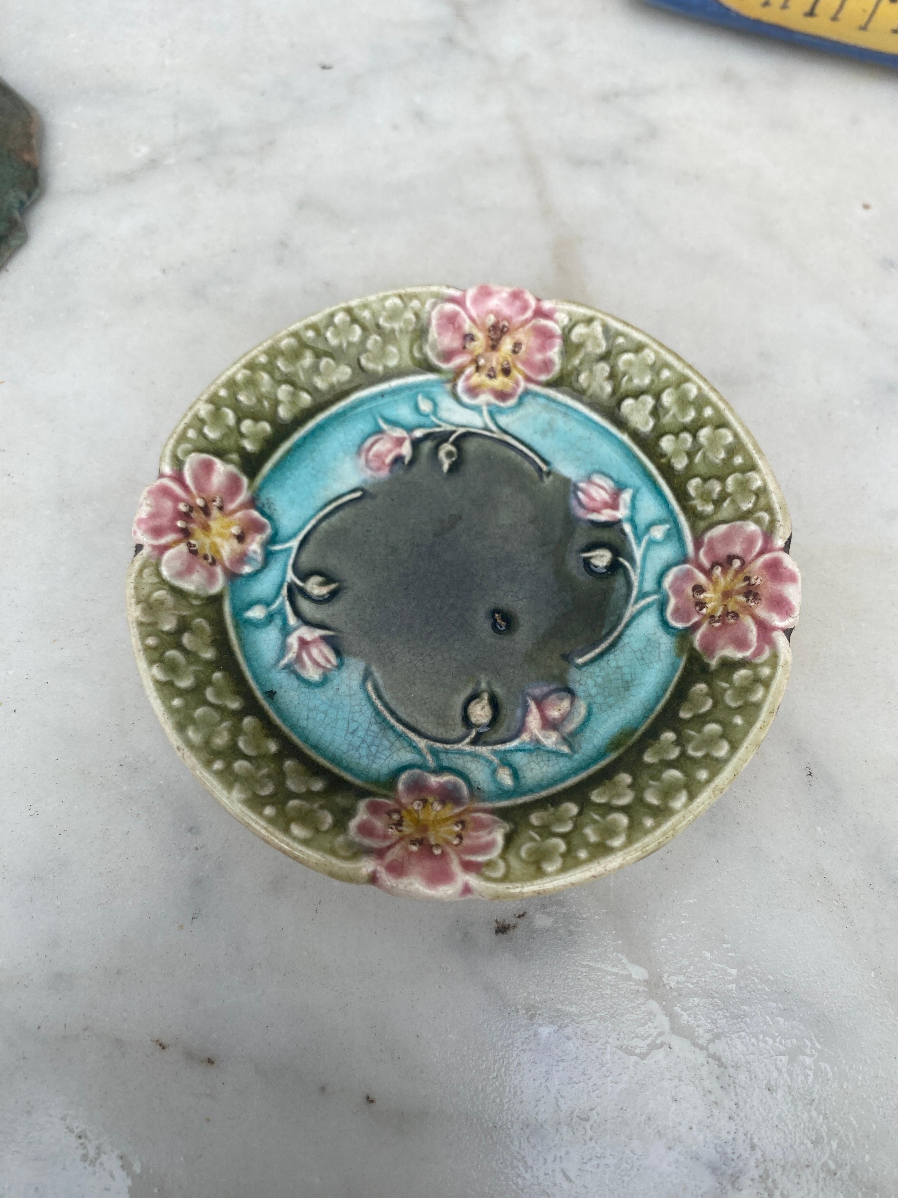 French Majolica Flower Butter Pat Fives Lille, circa 1900.
 