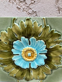 French Majolica Flower Tile, circa 1890