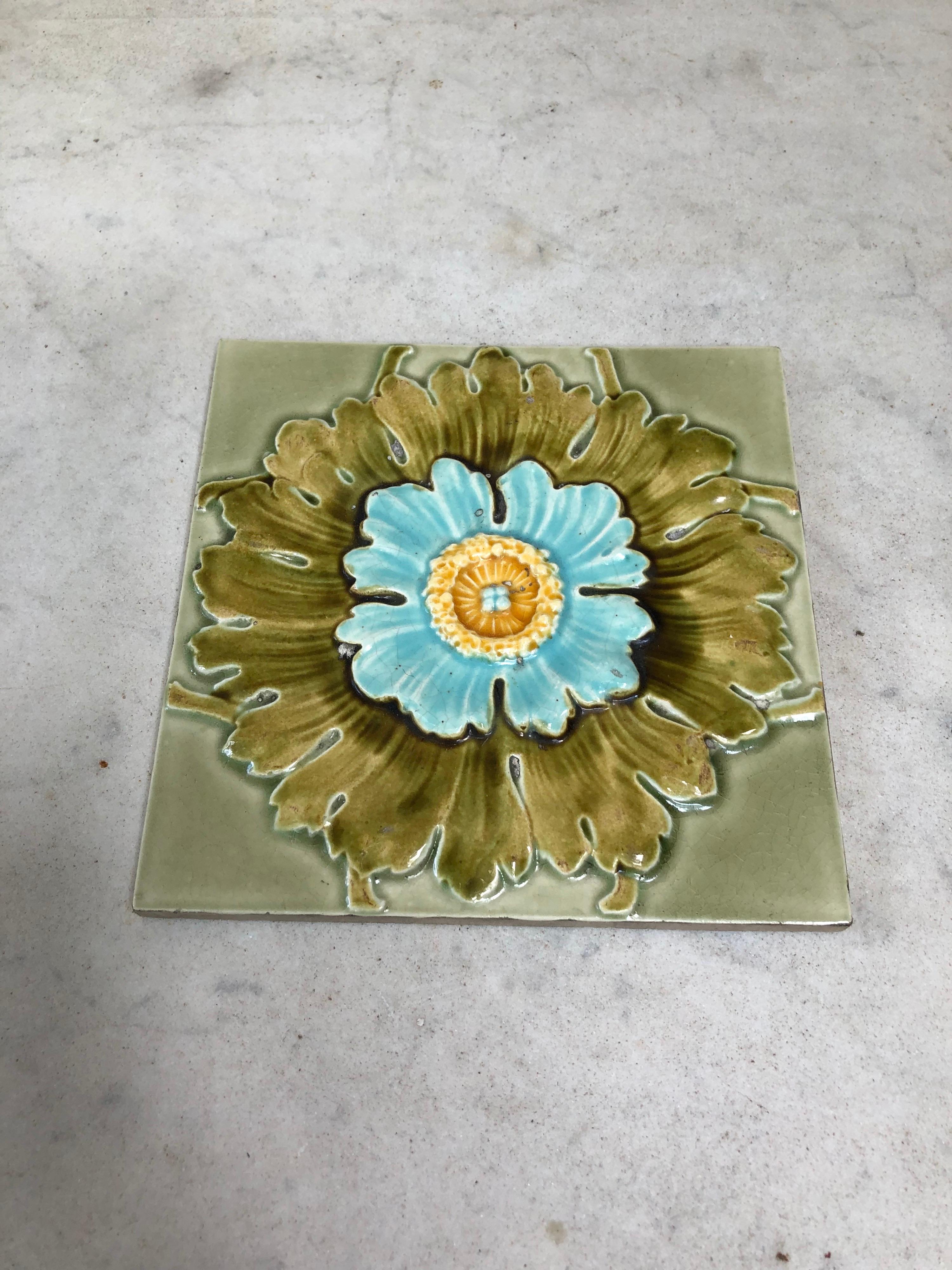 Aesthetic Movement French Majolica Flower Tile, circa 1890 For Sale