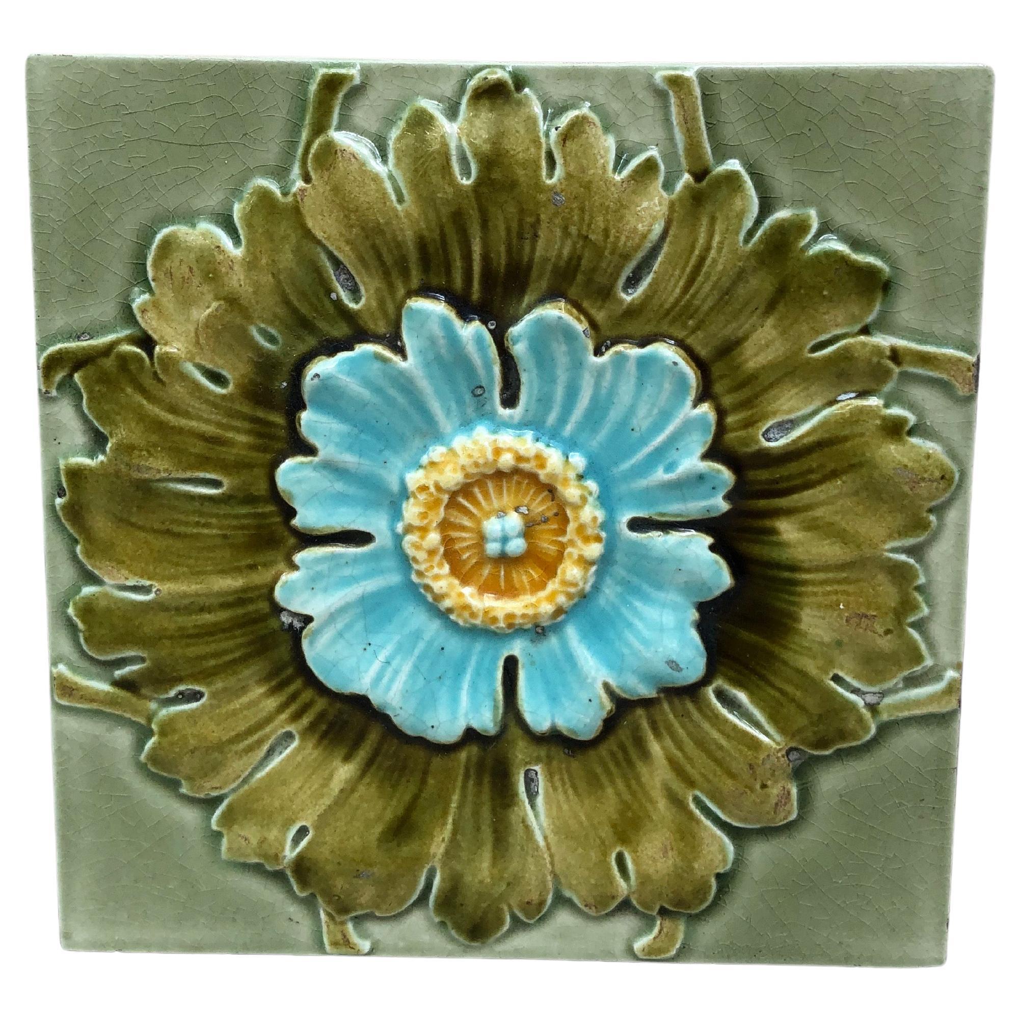 French Majolica Flower Tile, circa 1890