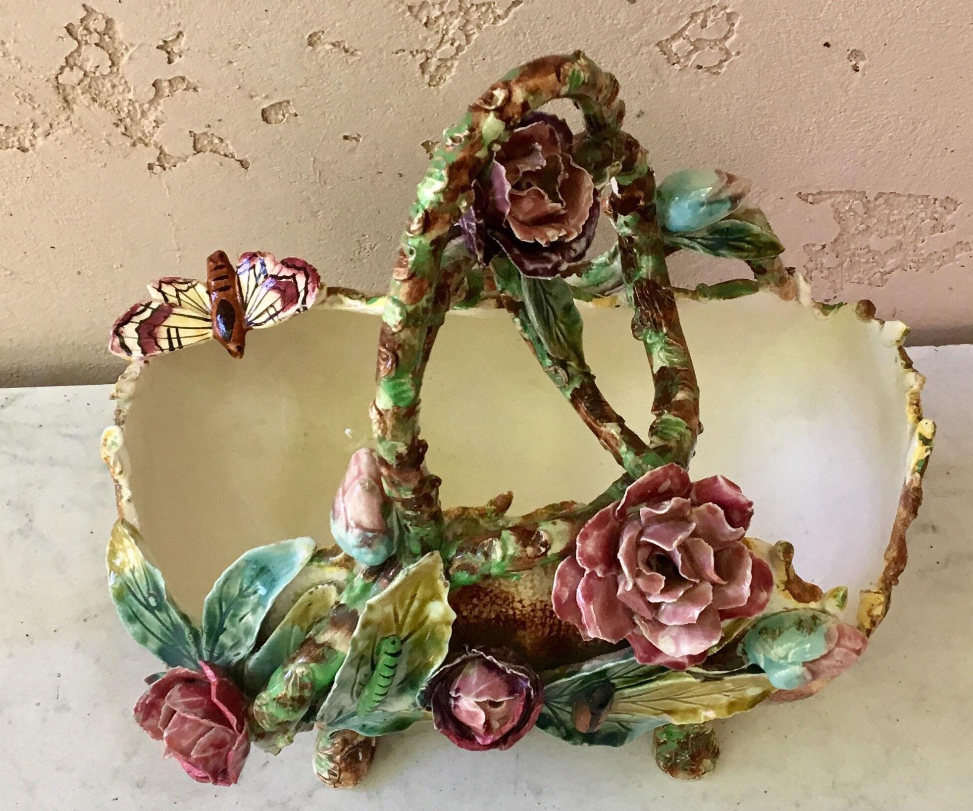 Aesthetic Movement French Majolica Flowers and Insects Basket, circa 1880 For Sale