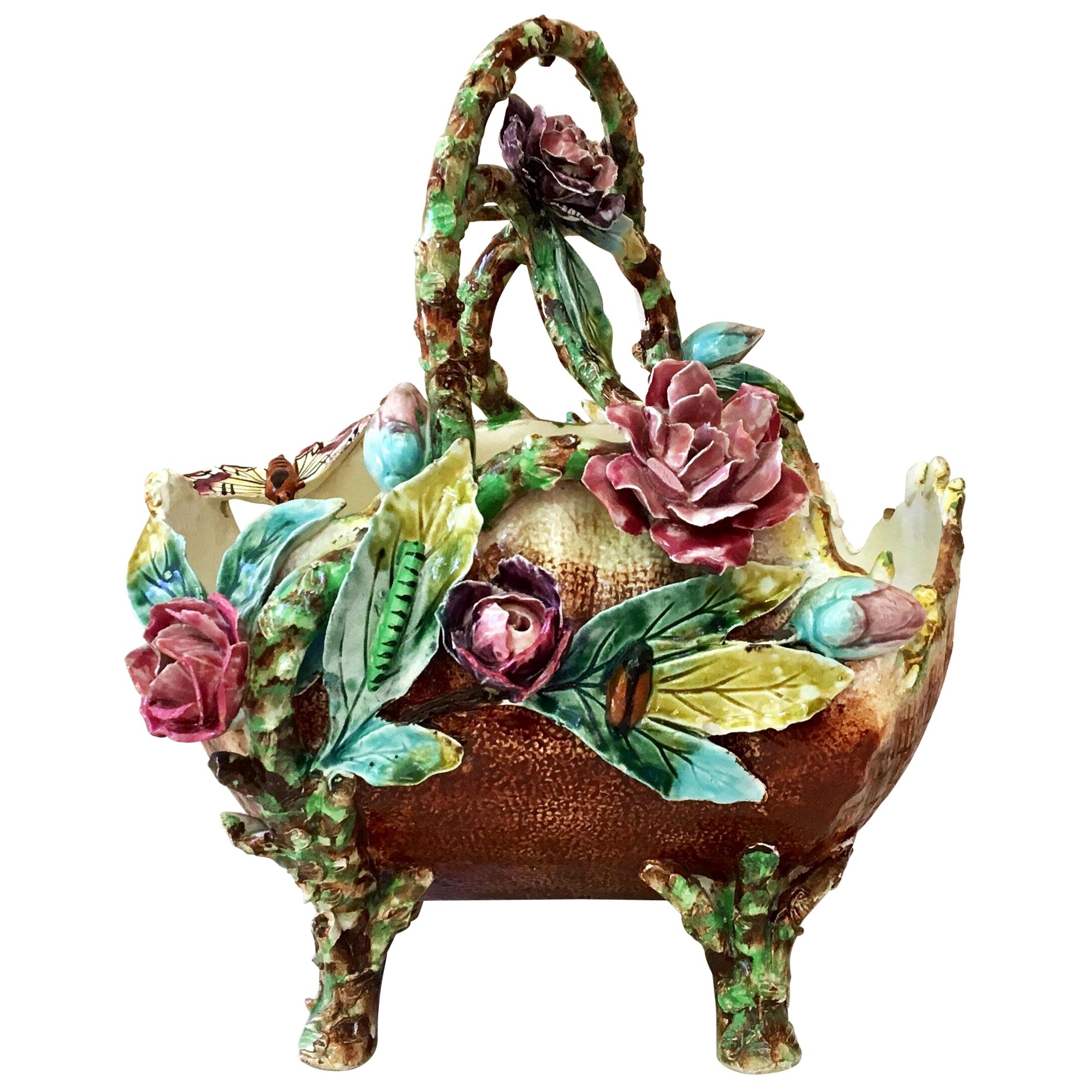 French Majolica Flowers and Insects Basket, circa 1880 For Sale