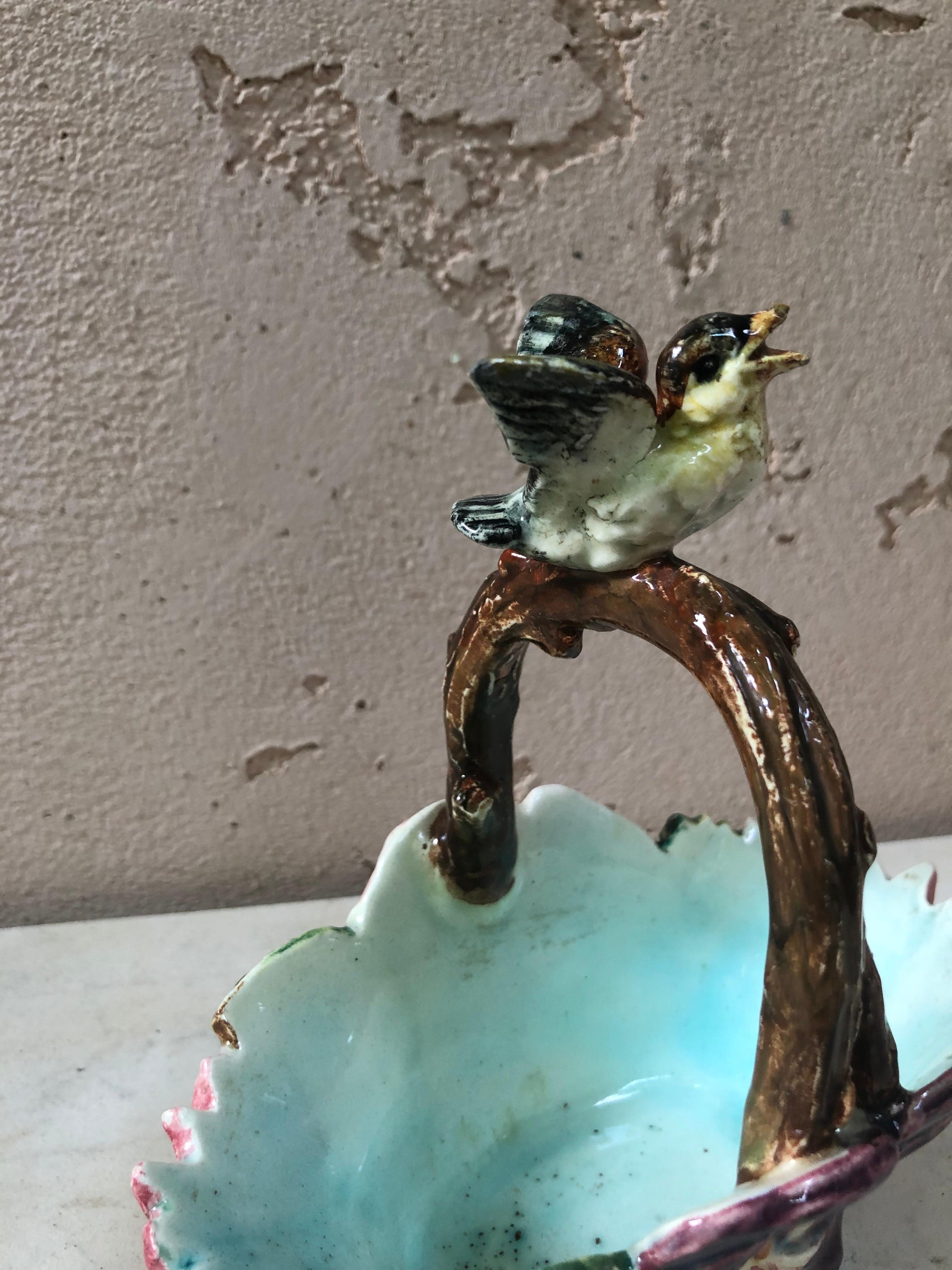 Ceramic French Majolica Flowers Basket with Bird Delphin Massier, circa 1890