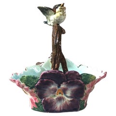 French Majolica Flowers Basket with Bird Delphin Massier, circa 1890