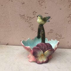 French Majolica Flowers Basket With Bird Jean Massier, circa 1890