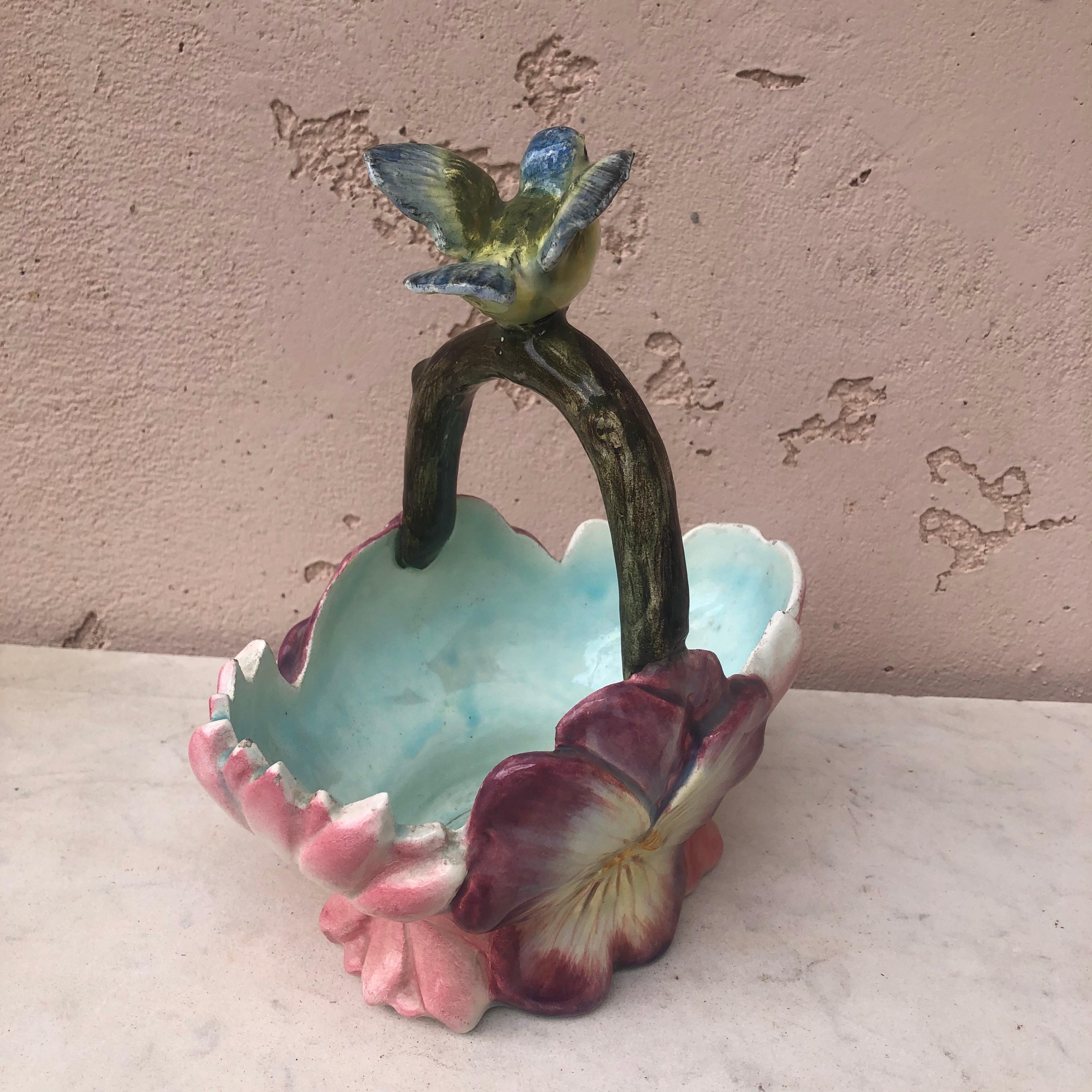 French Majolica Flowers Basket With Bird Jean Massier, circa 1890 In Good Condition For Sale In Austin, TX