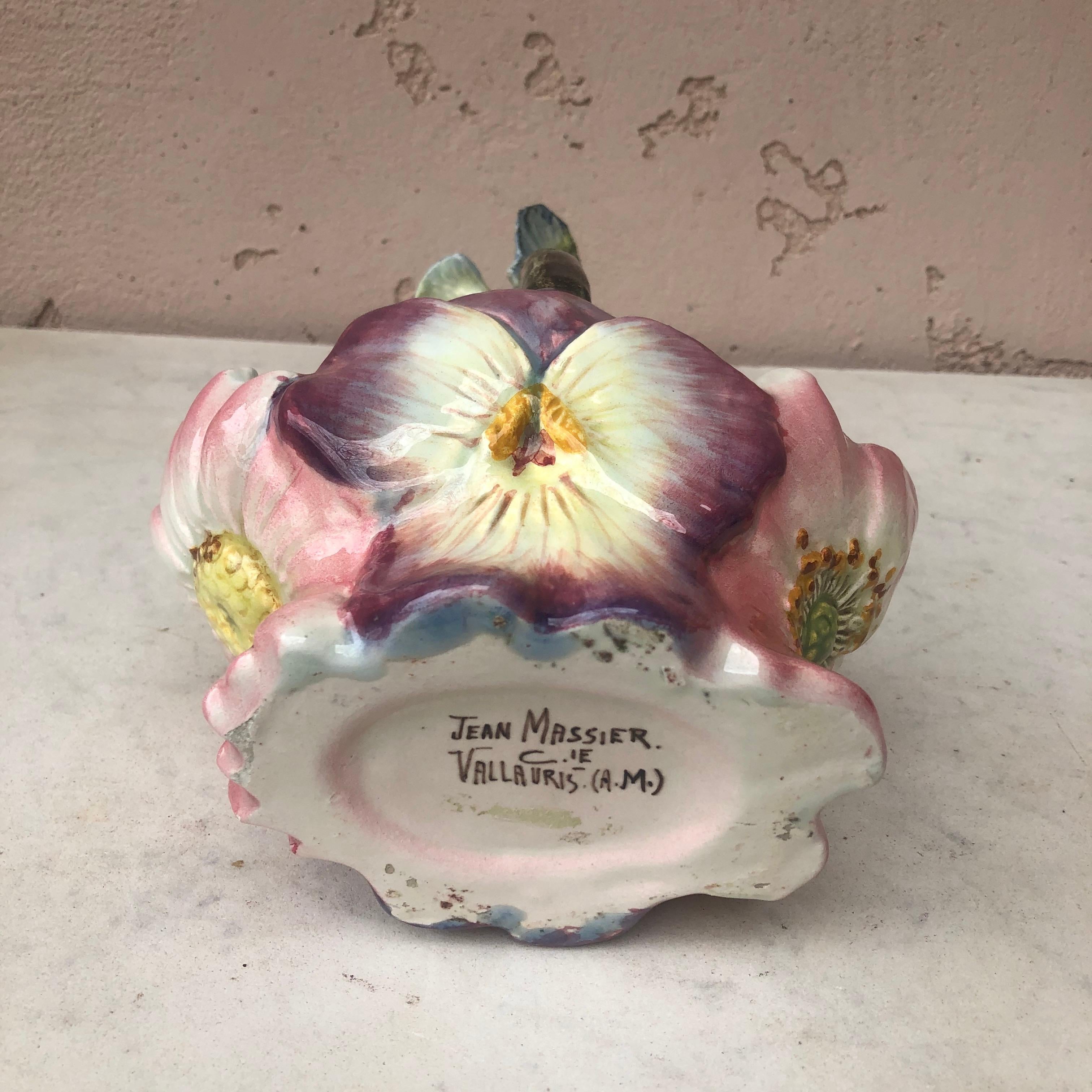 French Majolica Flowers Basket With Bird Jean Massier, circa 1890 For Sale 2