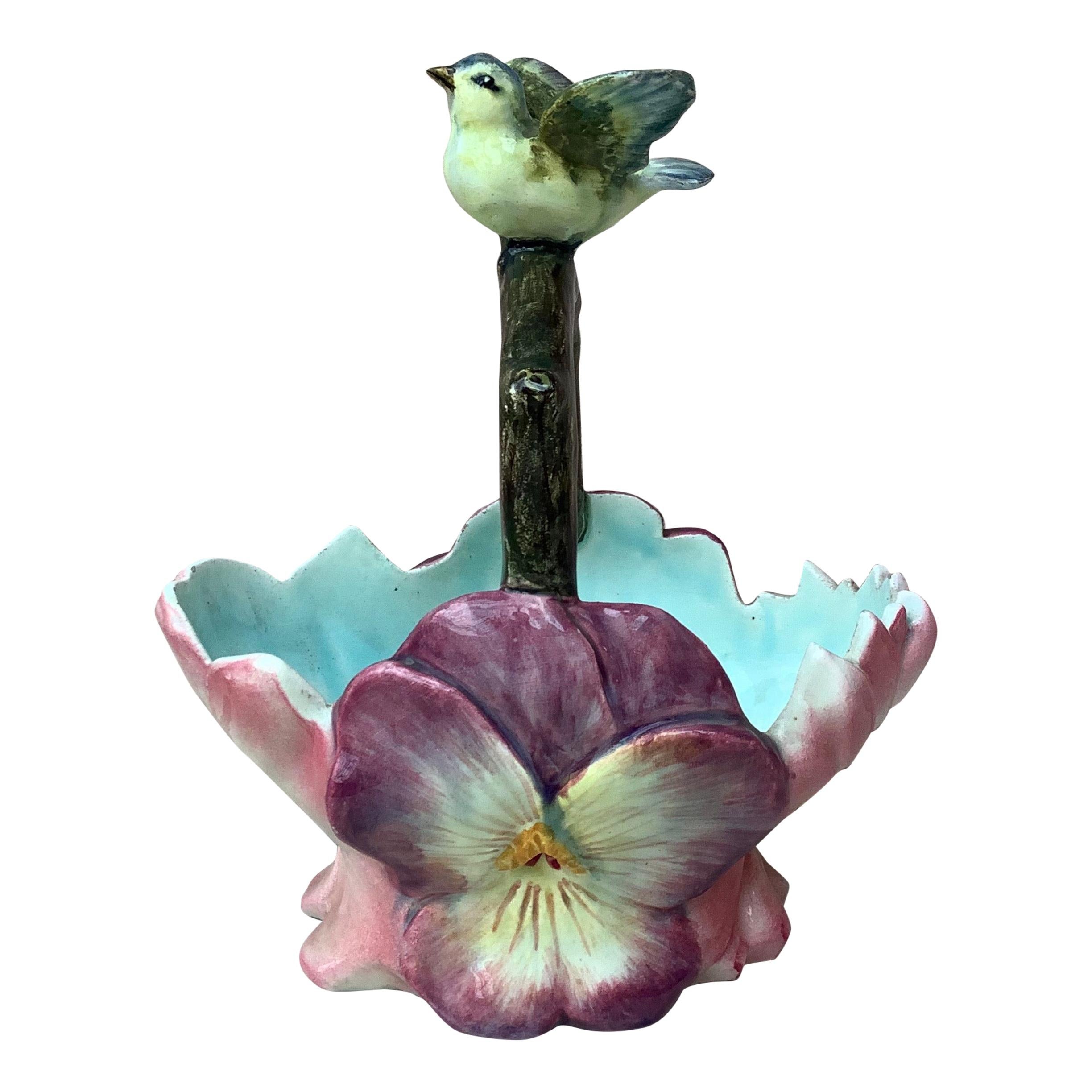 French Majolica Flowers Basket With Bird Jean Massier, circa 1890 For Sale