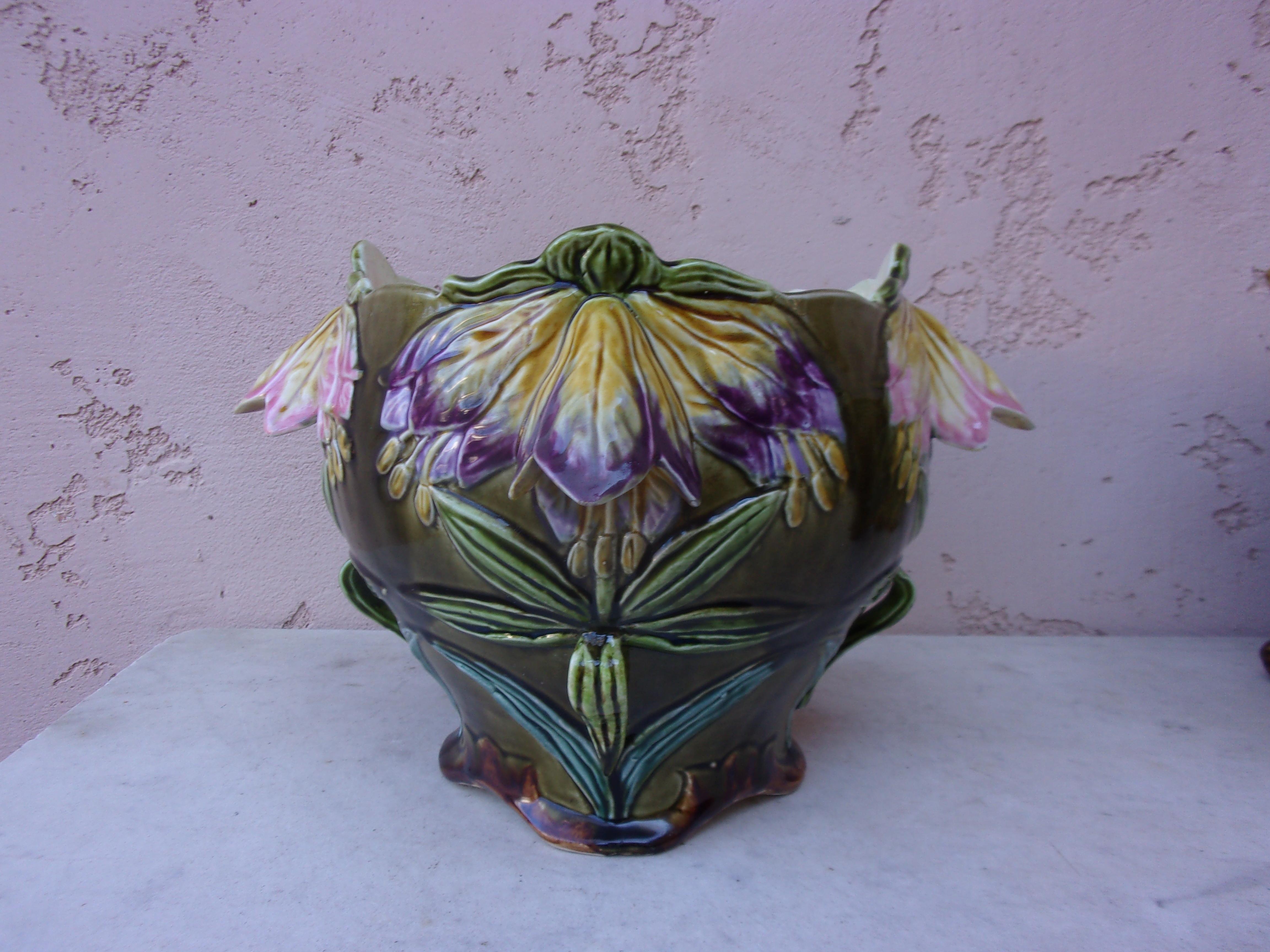 French Majolica Flowers Jardiniere Fives Lille Circa 1890 In Good Condition In Austin, TX