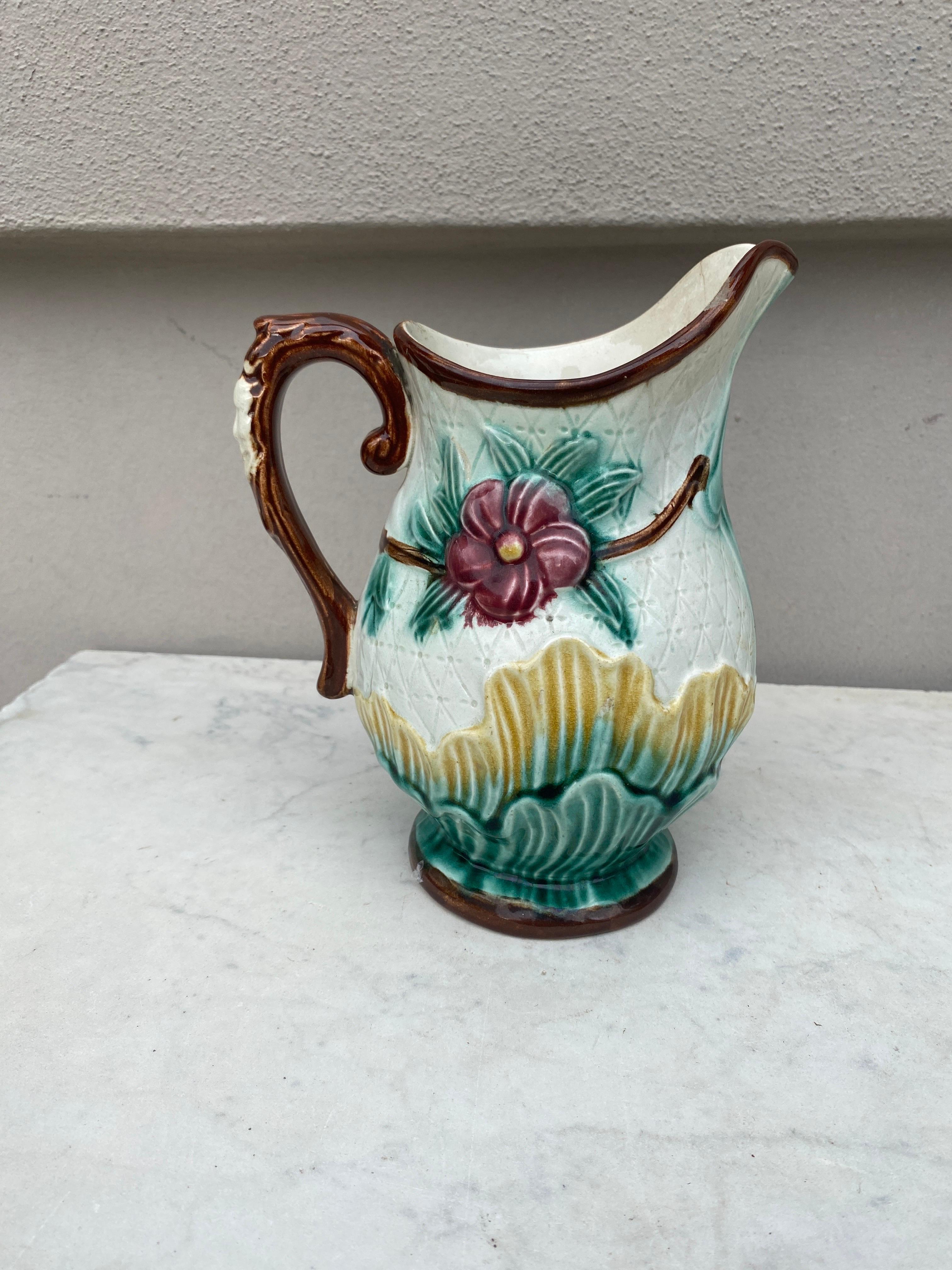 French Majolica Flowers Pitcher Circa 1890.