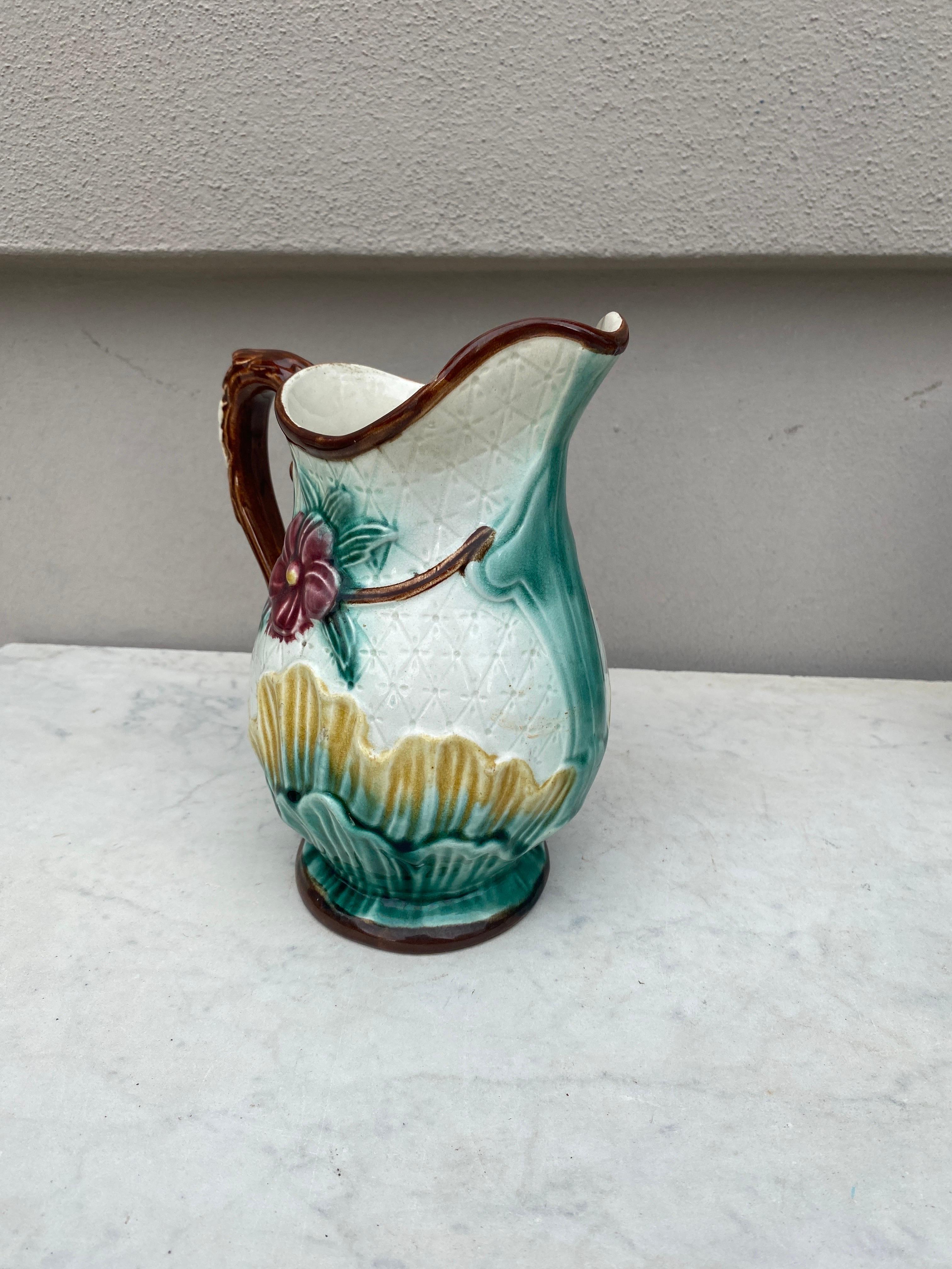 Rustic French Majolica Flowers Pitcher Circa 1890 For Sale