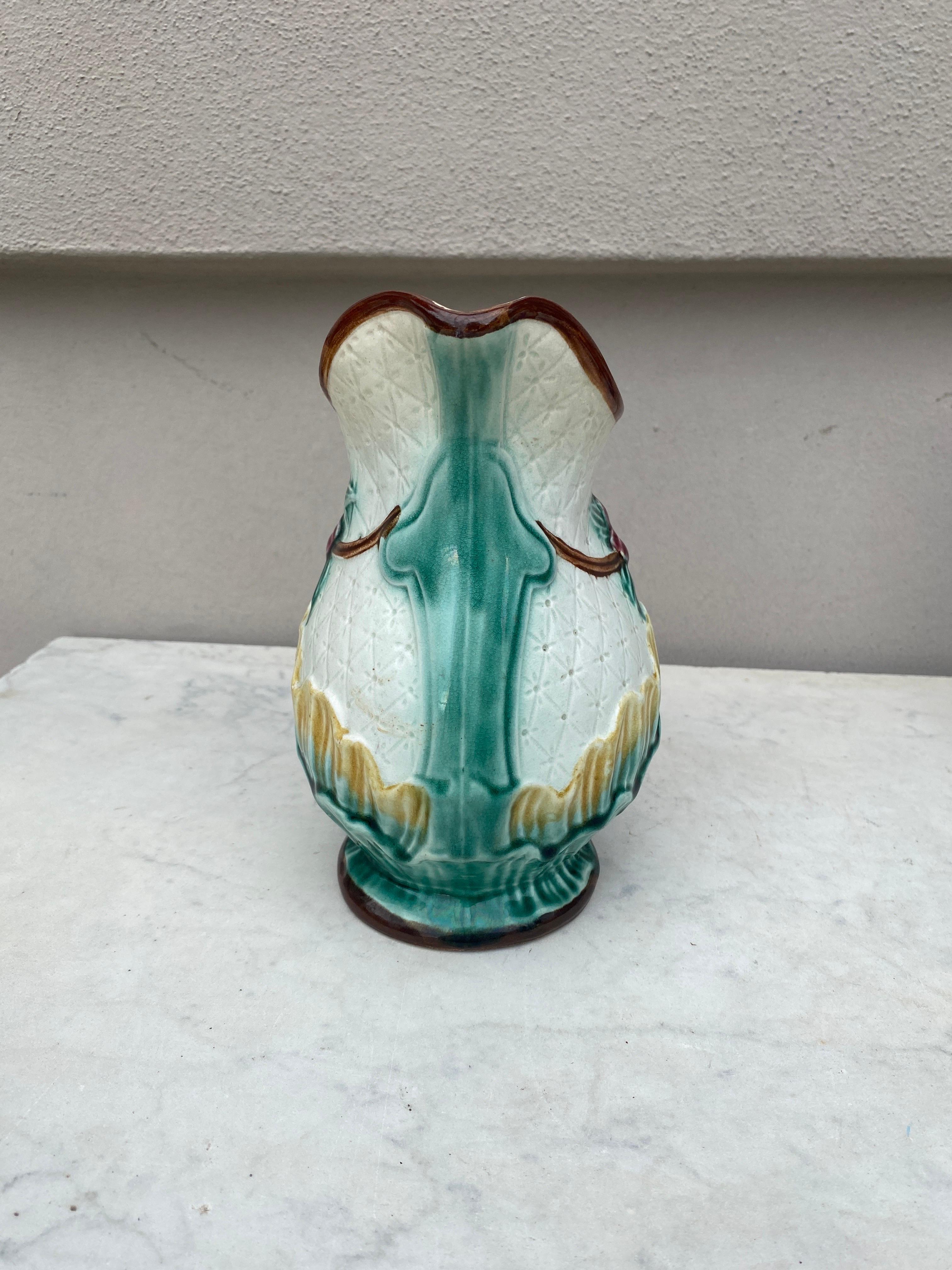 French Majolica Flowers Pitcher Circa 1890 In Good Condition For Sale In Austin, TX