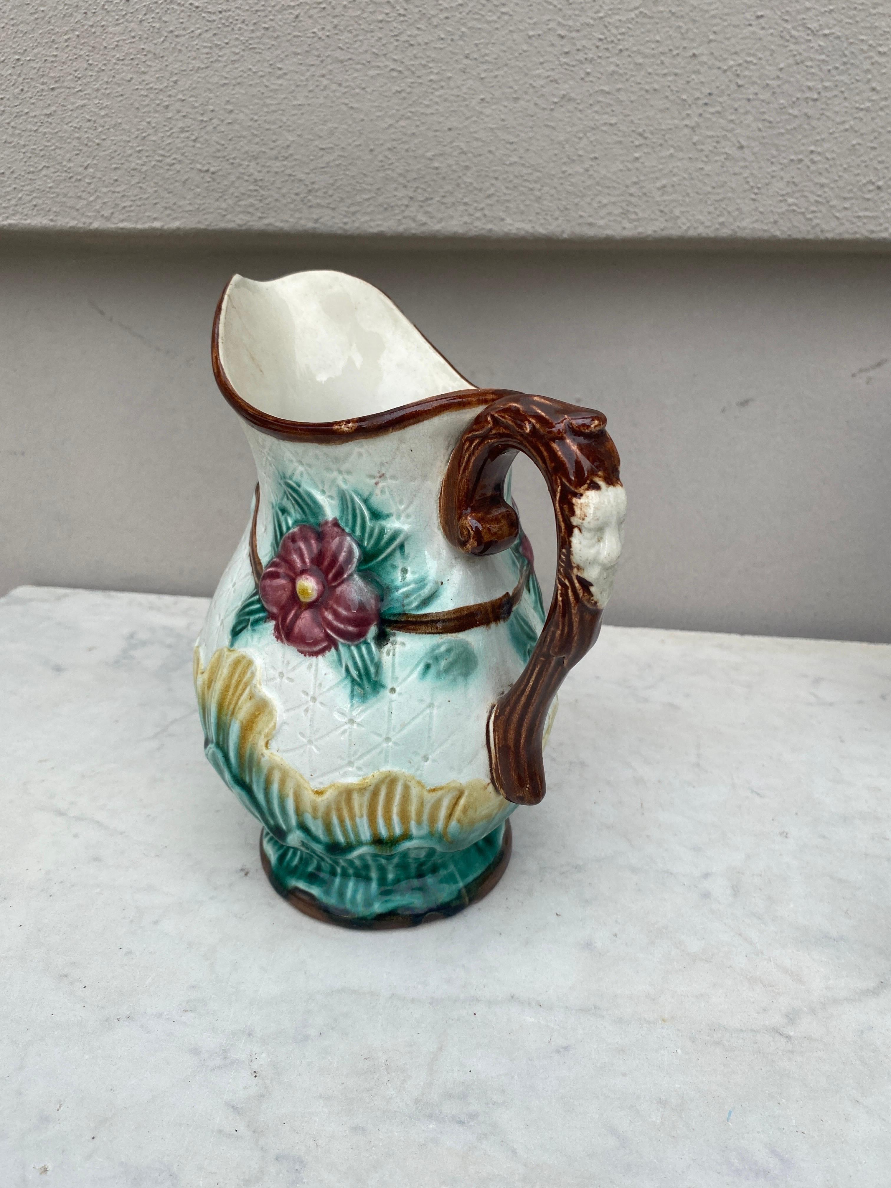 Late 19th Century French Majolica Flowers Pitcher Circa 1890 For Sale