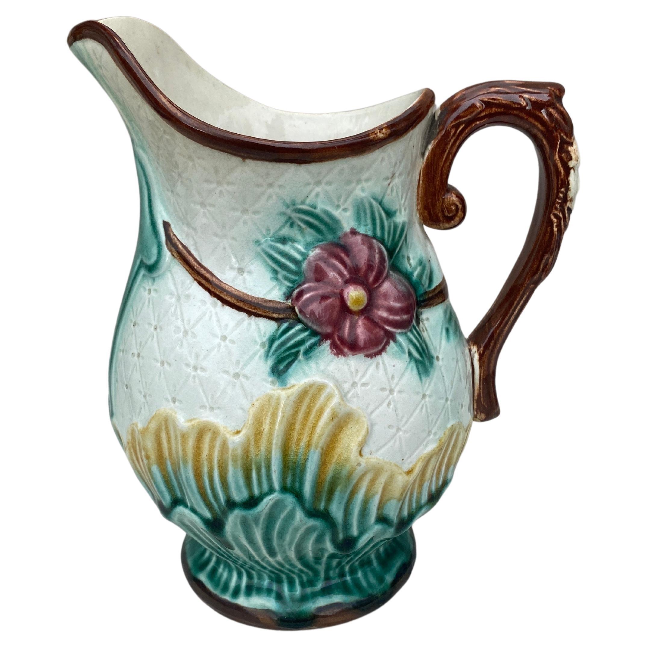 French Majolica Flowers Pitcher Circa 1890 For Sale