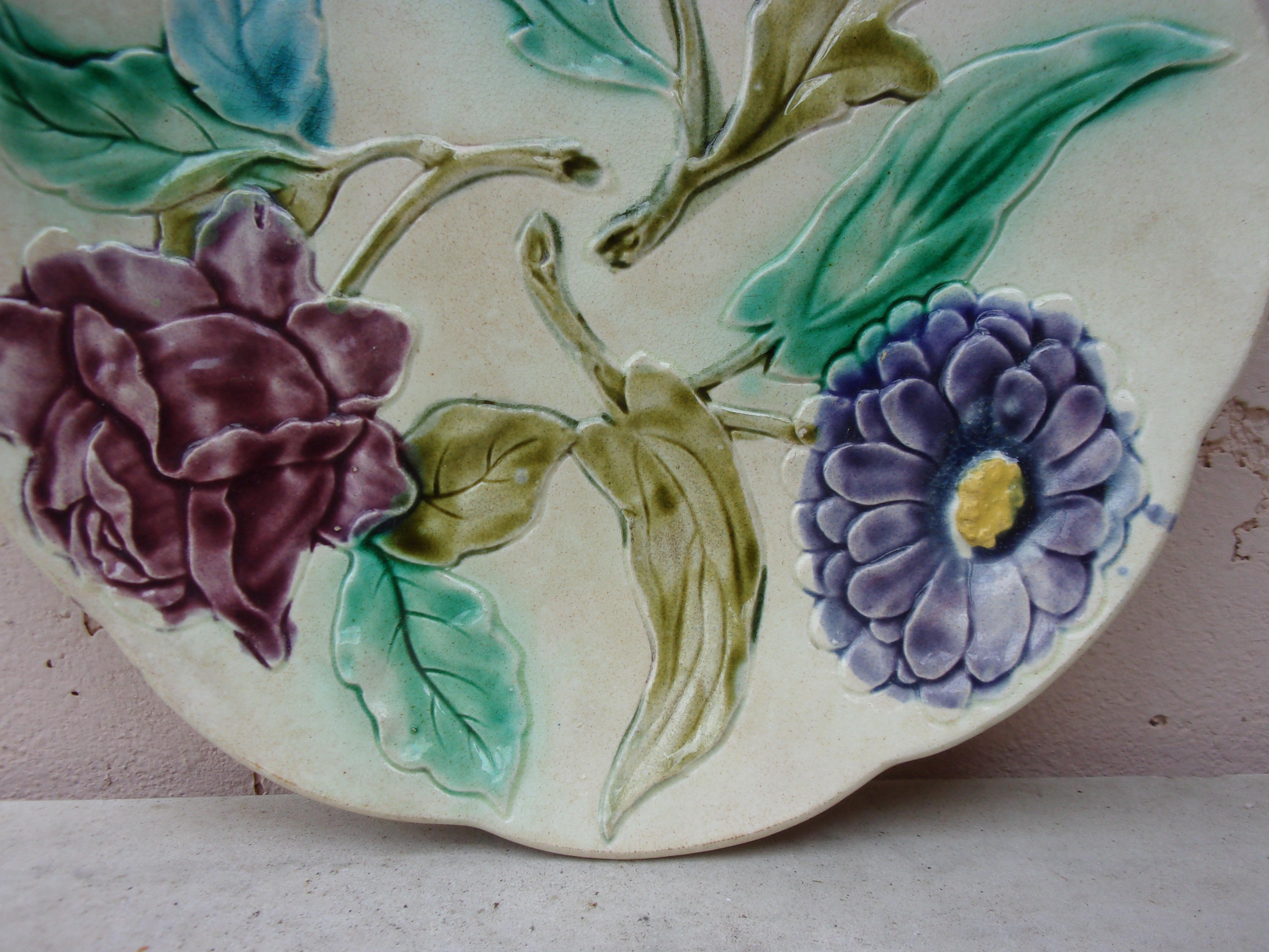 French Majolica flowers plate Orchies Circa 1900.