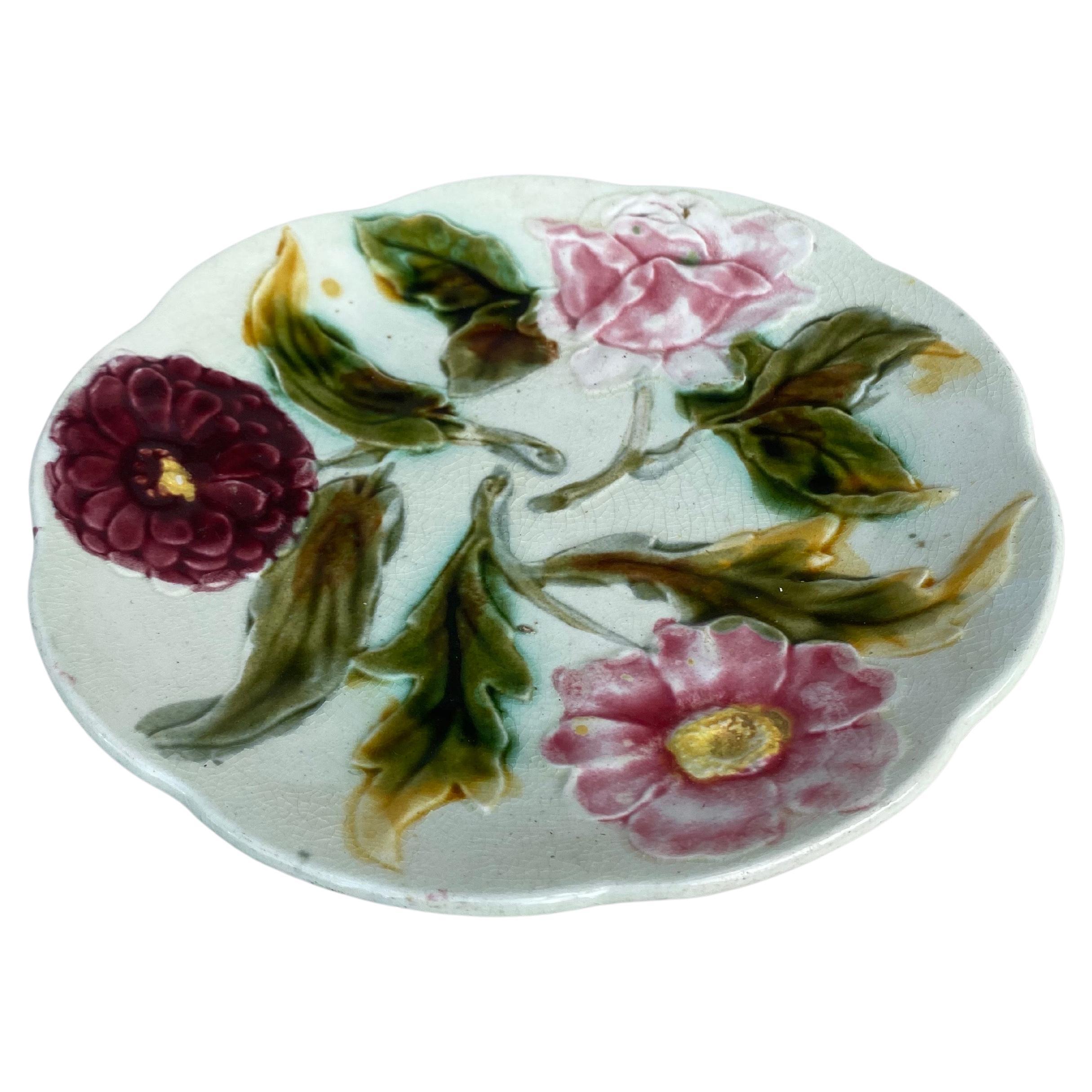 French Majolica flowers plate Orchies circa 1900.