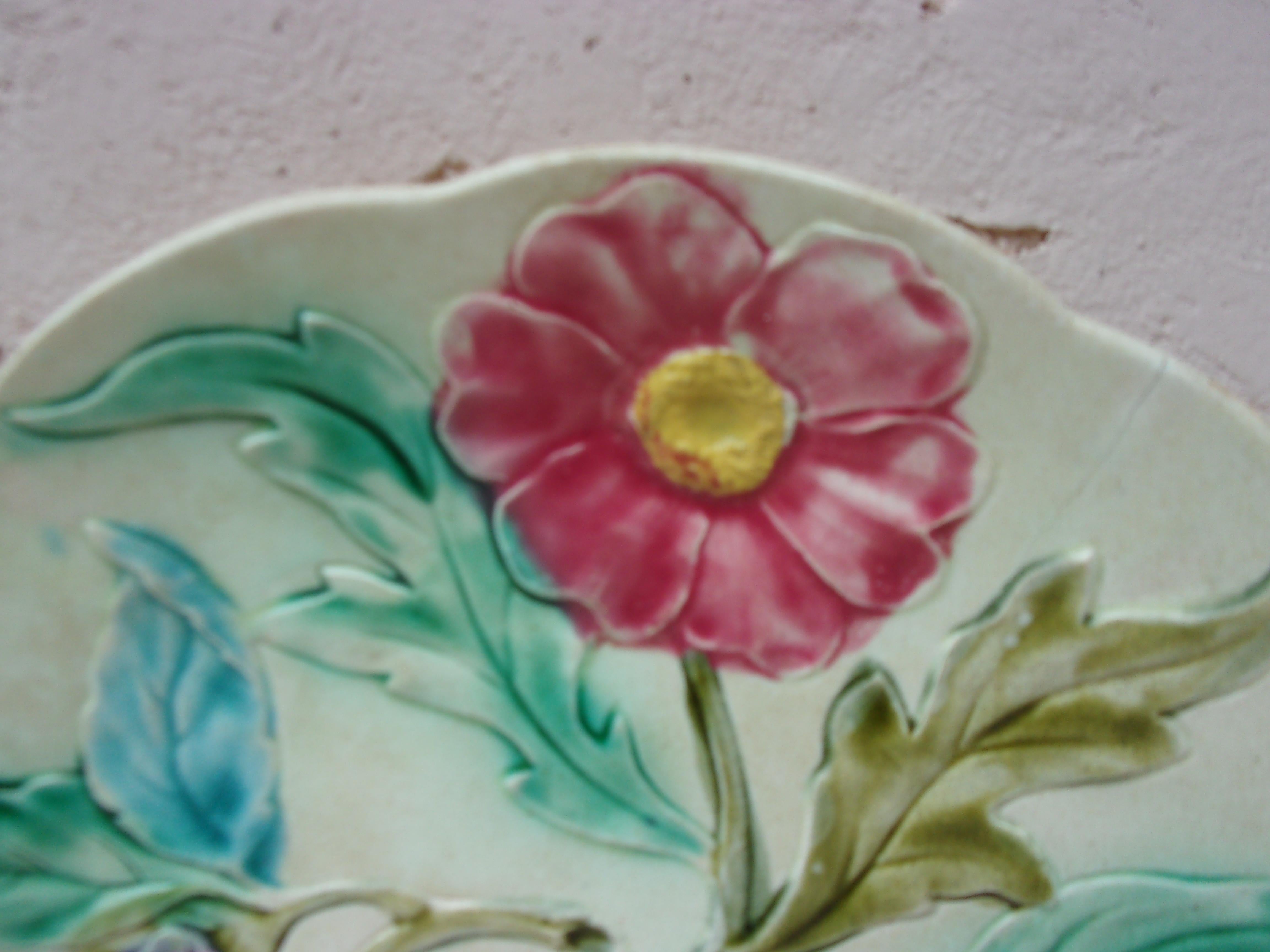 Art Nouveau French Majolica Flowers Plate Orchies Circa 1900 For Sale