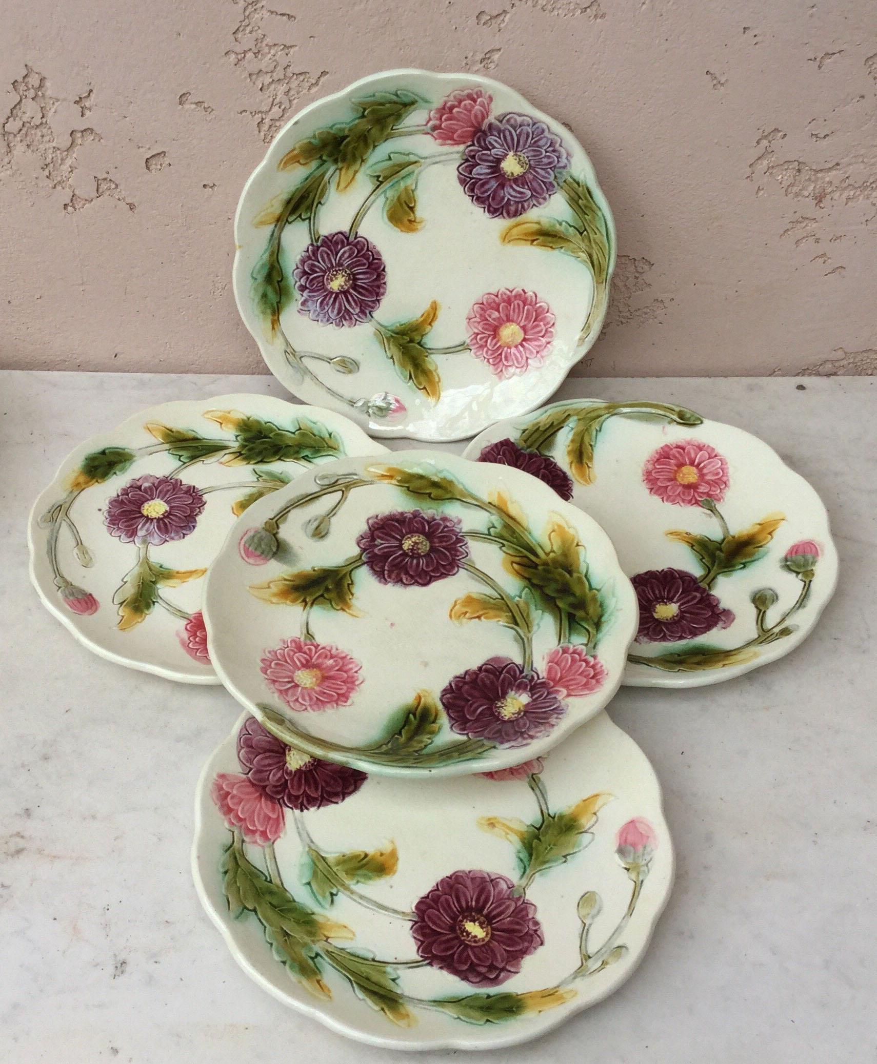Ceramic French Majolica Flowers Plate Orchies Circa 1900 For Sale