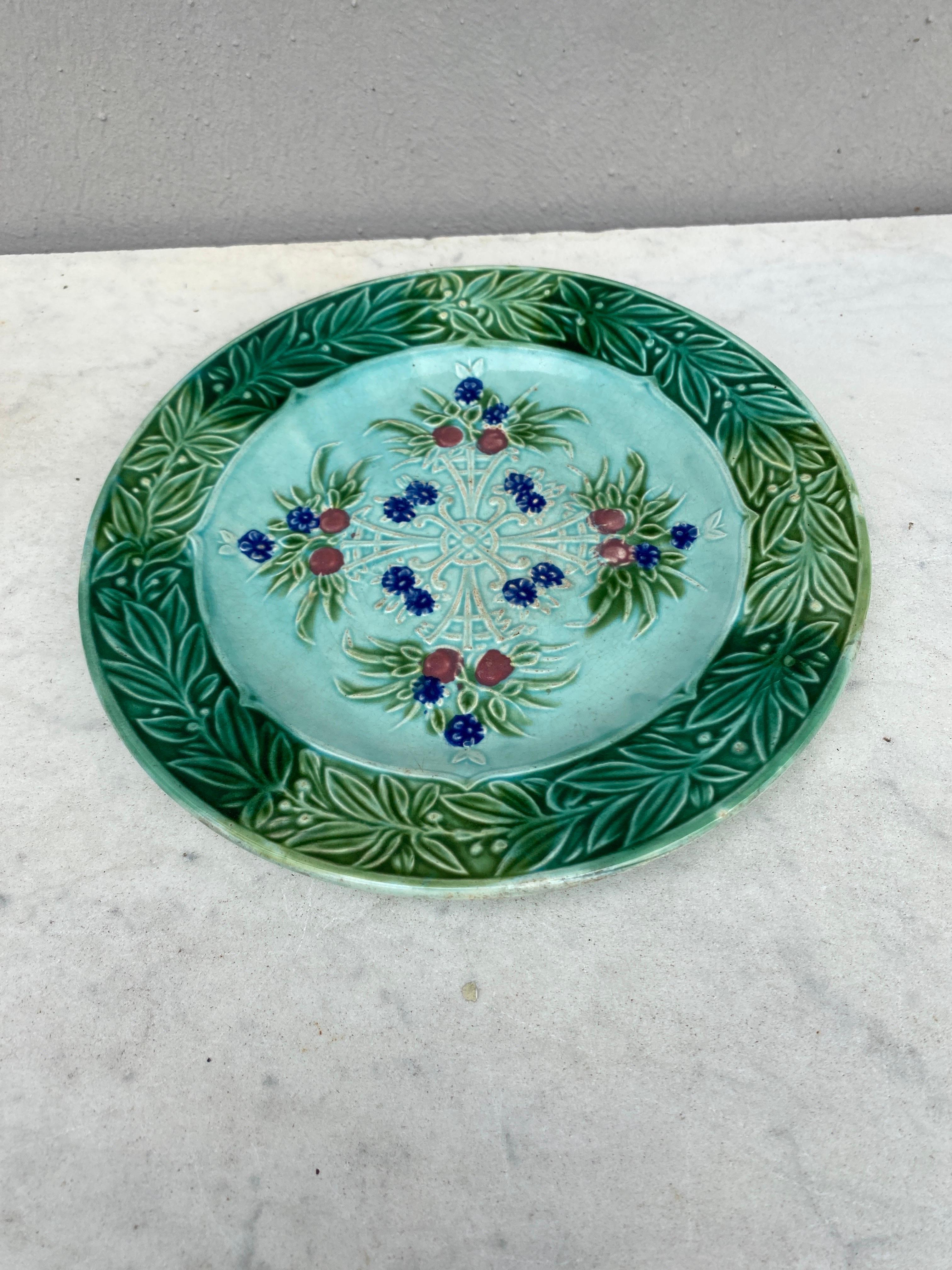 French Majolica Flowers Plate Salins, Circa 1890.