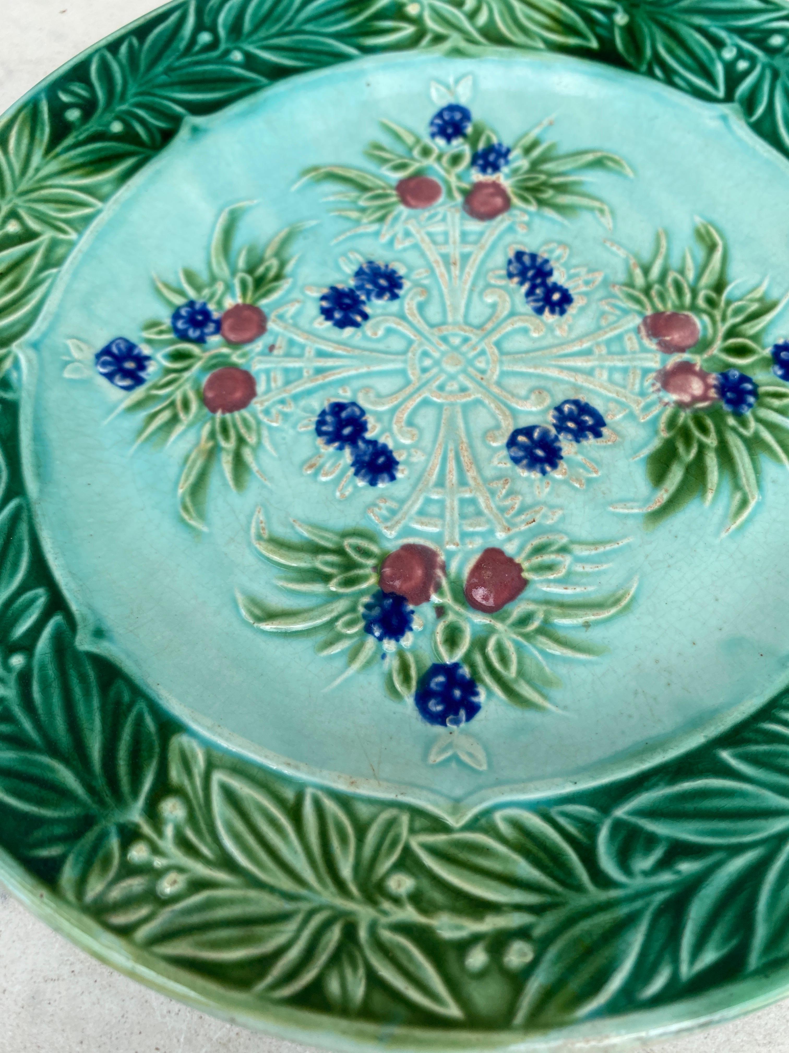 Rustic French Majolica Flowers Plate Salins, Circa 1890 For Sale
