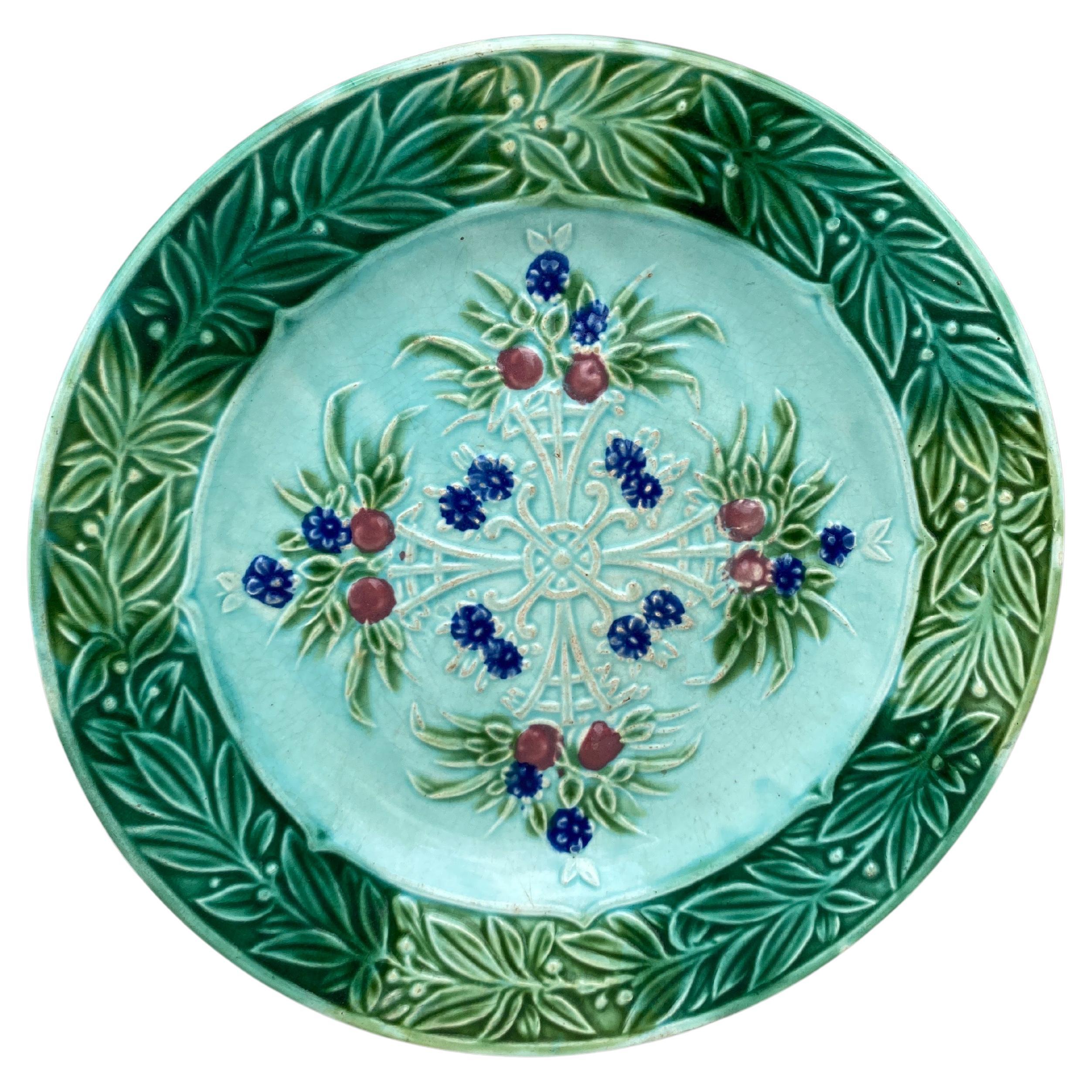 French Majolica Flowers Plate Salins, Circa 1890 For Sale