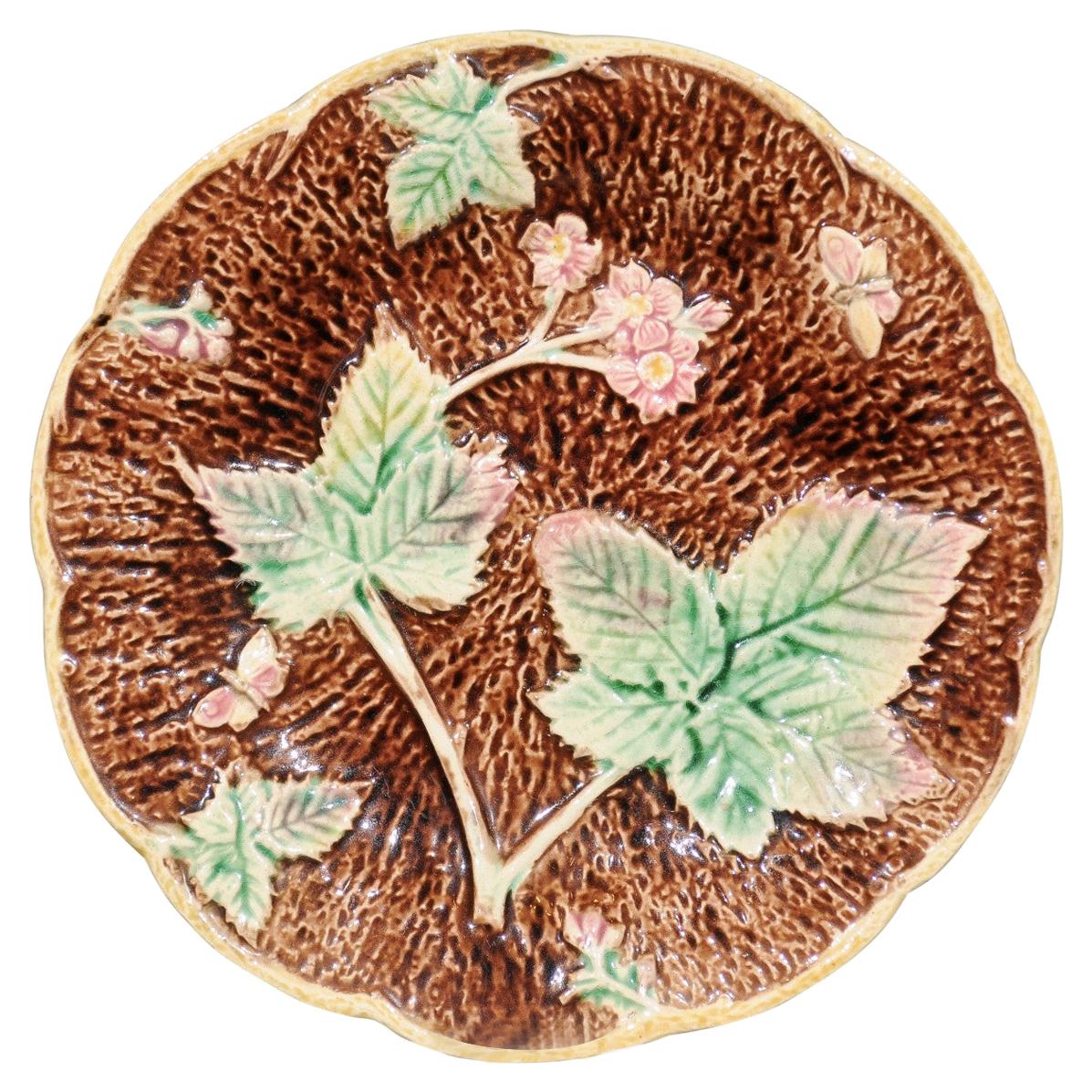 French Majolica Flowers, Strawberries and Butterflies Plate, circa 1860