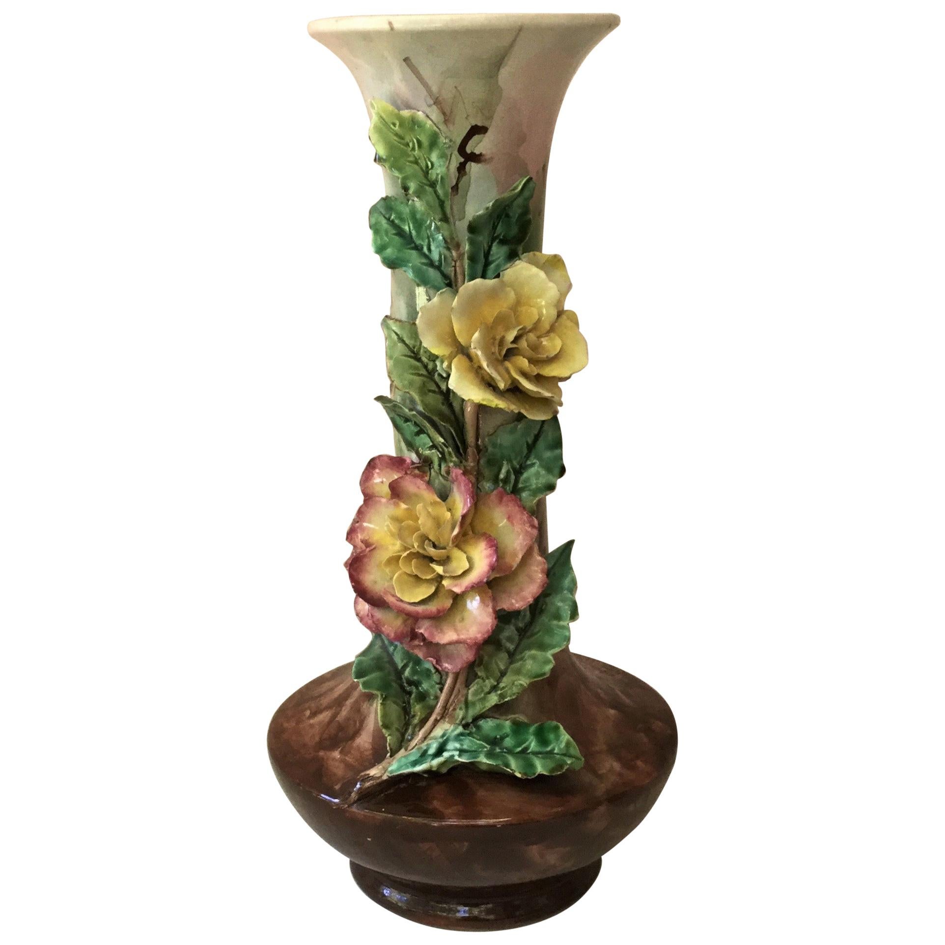 French Majolica Flowers Vase Fives Lille, circa 1880 For Sale