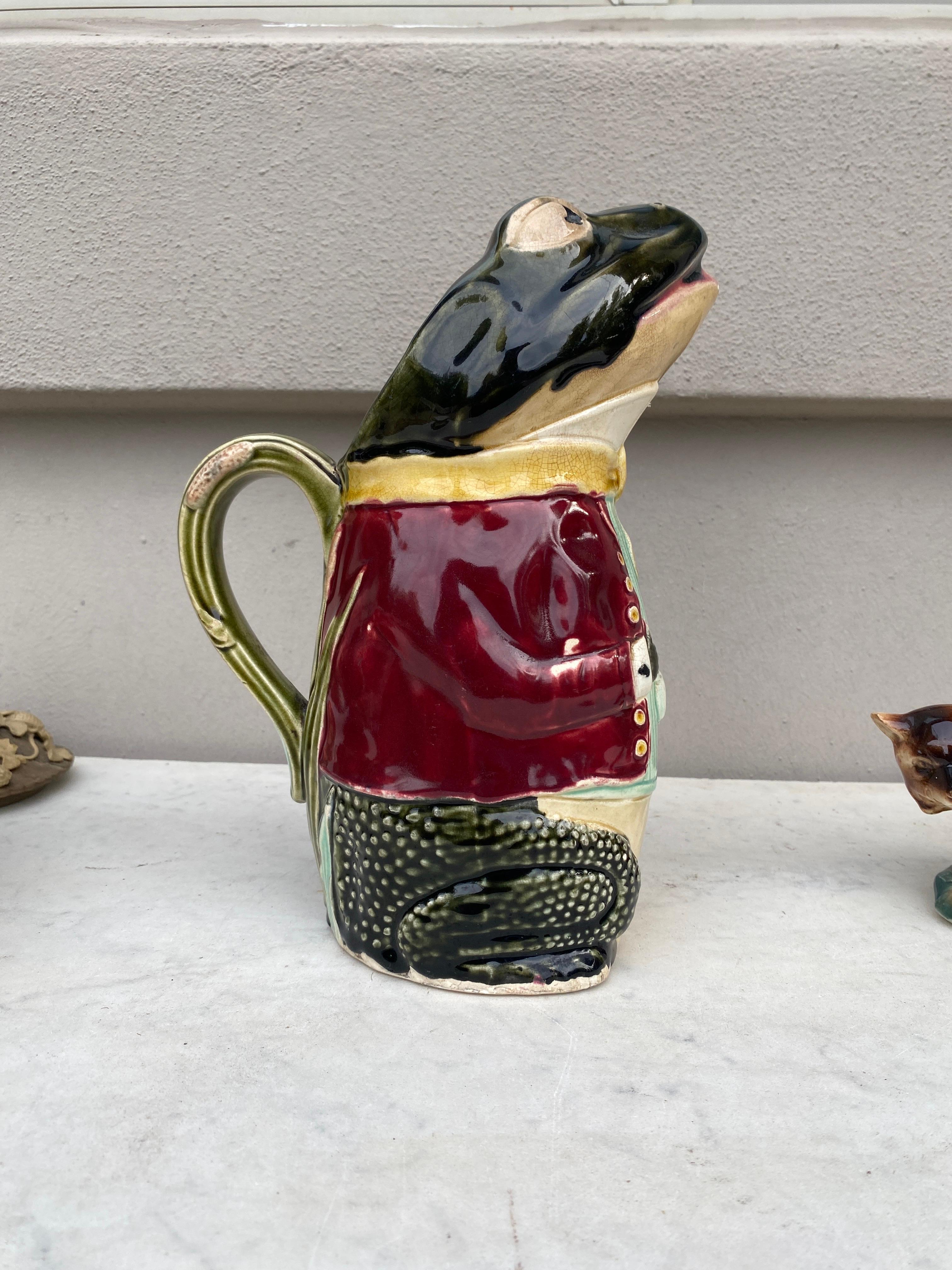 Late 19th Century French Majolica Frog Pitcher Fives Lille, circa 1890 For Sale