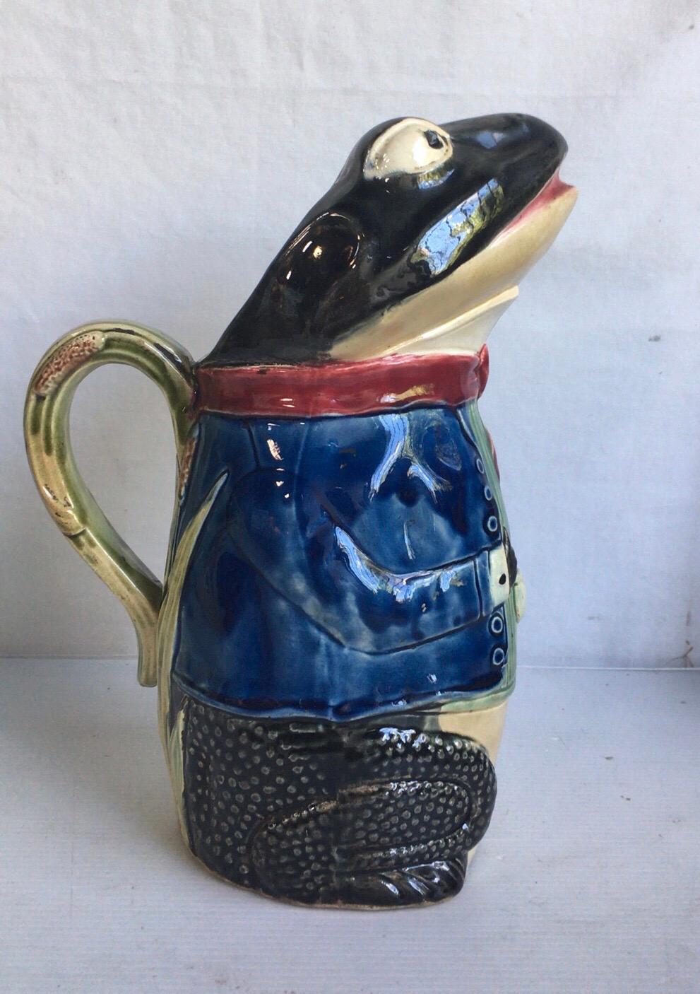 Late 19th Century French Majolica Frog Pitcher Fives Lille, circa 1890