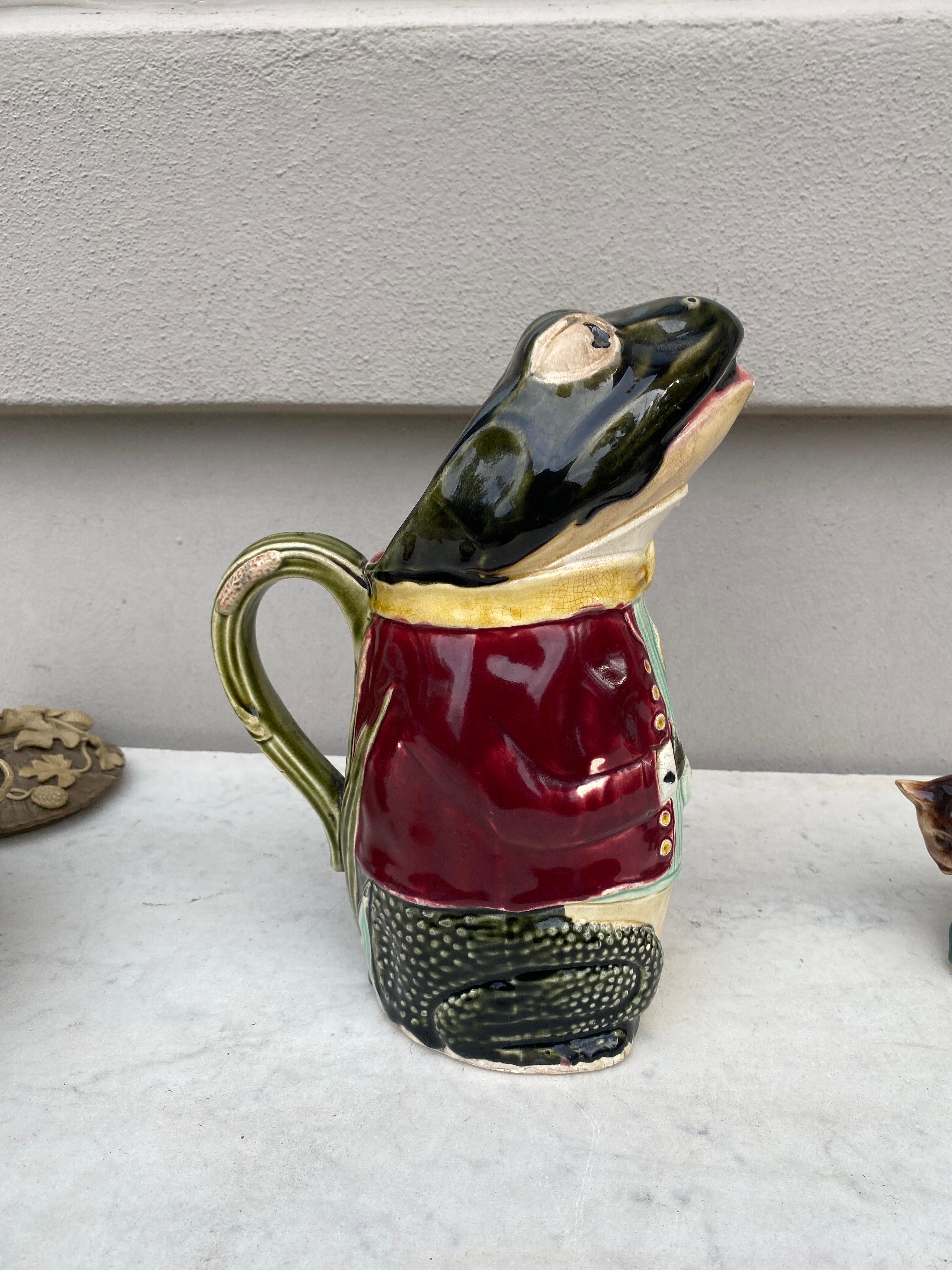 Ceramic French Majolica Frog Pitcher Fives Lille, circa 1890 For Sale