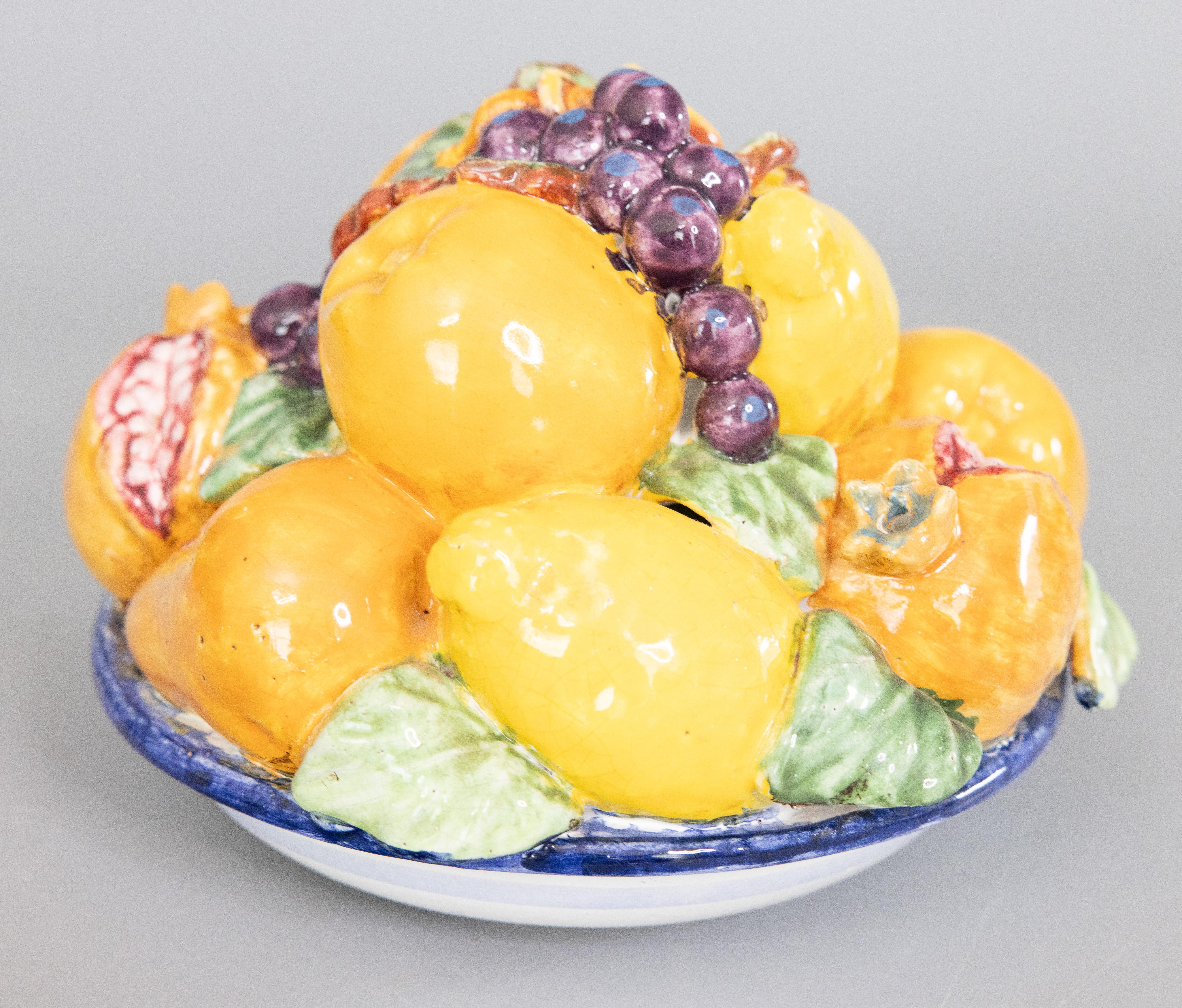 Eine schöne französische Barbotine-Majolikaschale mit Früchten und grünen Blättern in einer blau-weißen Schale, um 1950. Dieses schöne Arrangement ist handgefertigt und handbemalt, gut verarbeitet und schwer, mit einem Gewicht von über 6 Pfund.