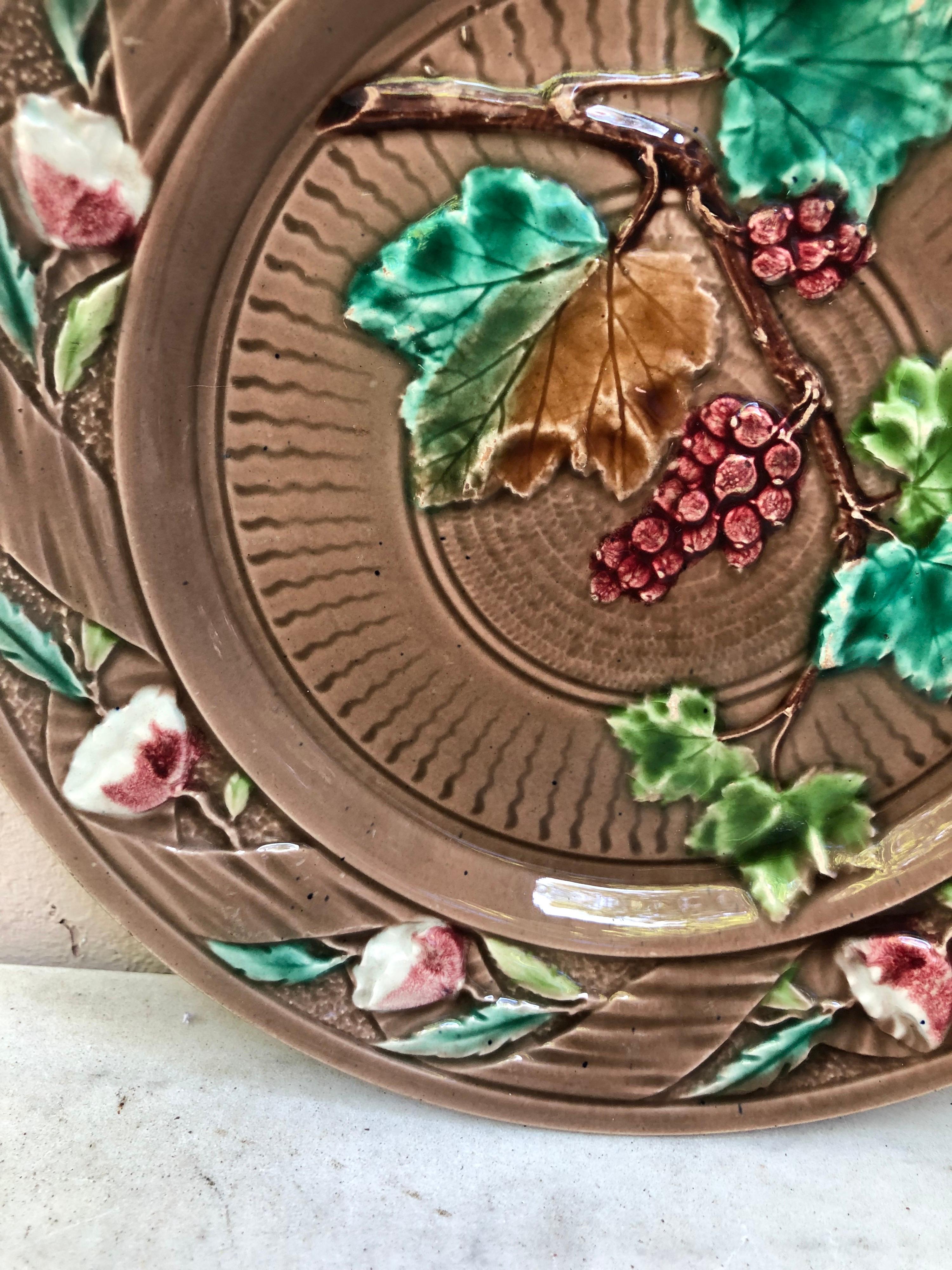 Country French Majolica Grape & Flowers Plate Luneville, circa 1880 For Sale