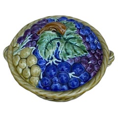 French Majolica Grapes Basket Sarreguemines, circa 1920