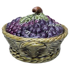French Majolica Grapes Basket Tureen Sarreguemines, circa 1920