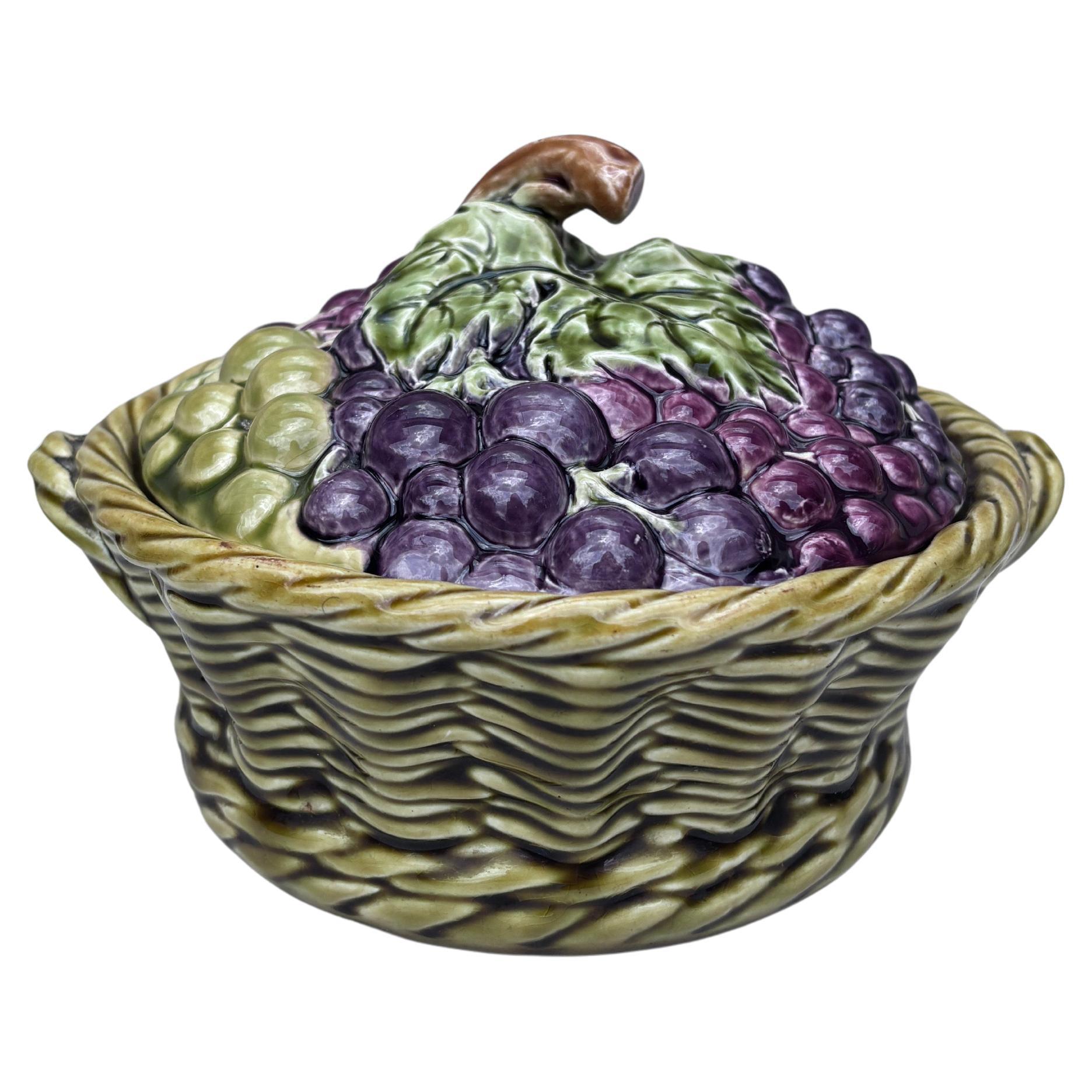 French Majolica Grapes Basket Tureen Sarreguemines, circa 1920