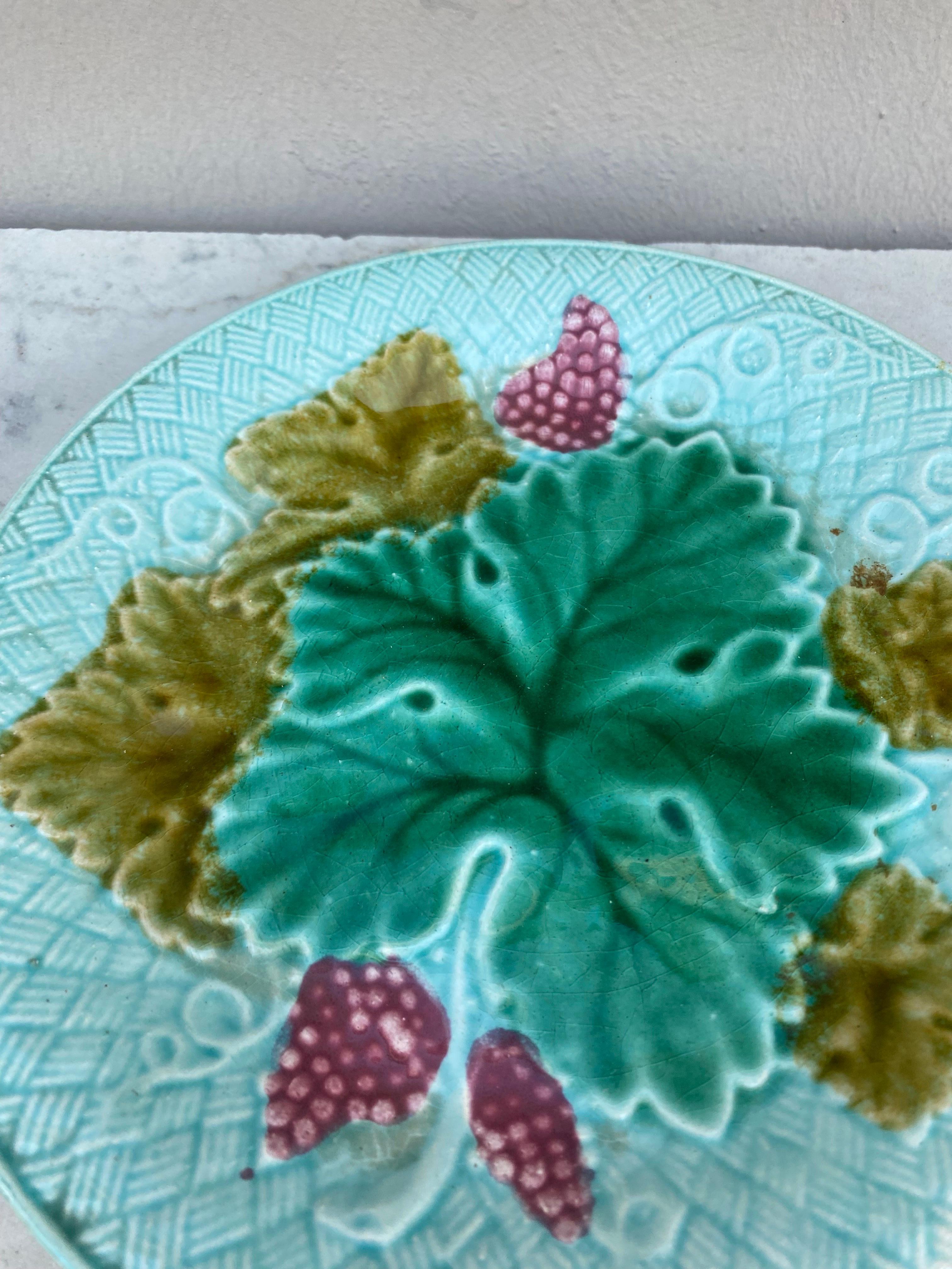 Rustic French Majolica Grapes Plate Salins, Circa 1890