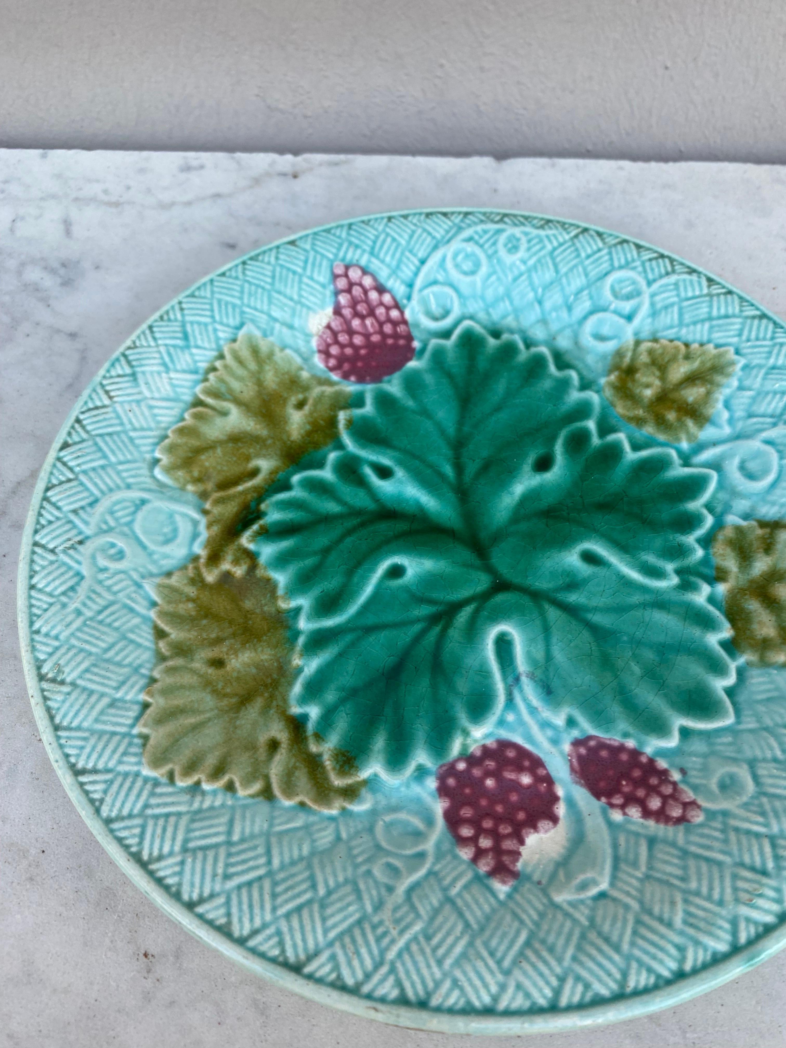 Rustic French Majolica Grapes Plate Salins, Circa 1890 For Sale
