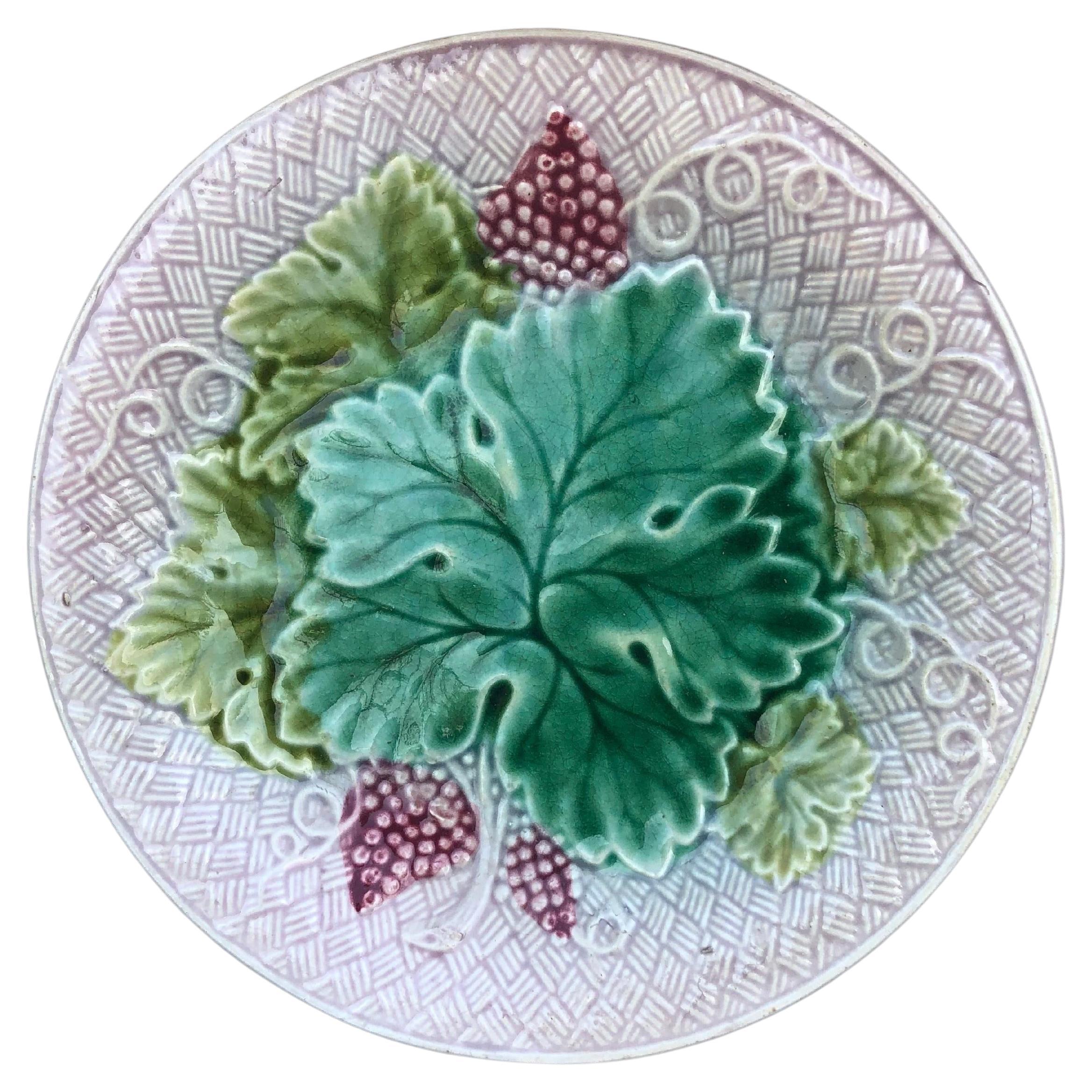 French Majolica Grapes Plate Salins, Circa 1890