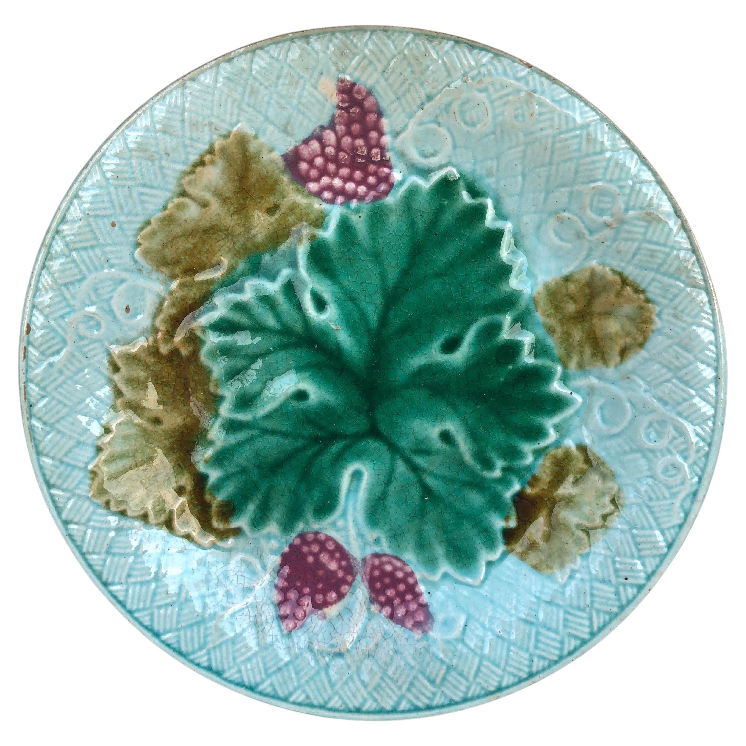 French Majolica Grapes Plate Salins, Circa 1890