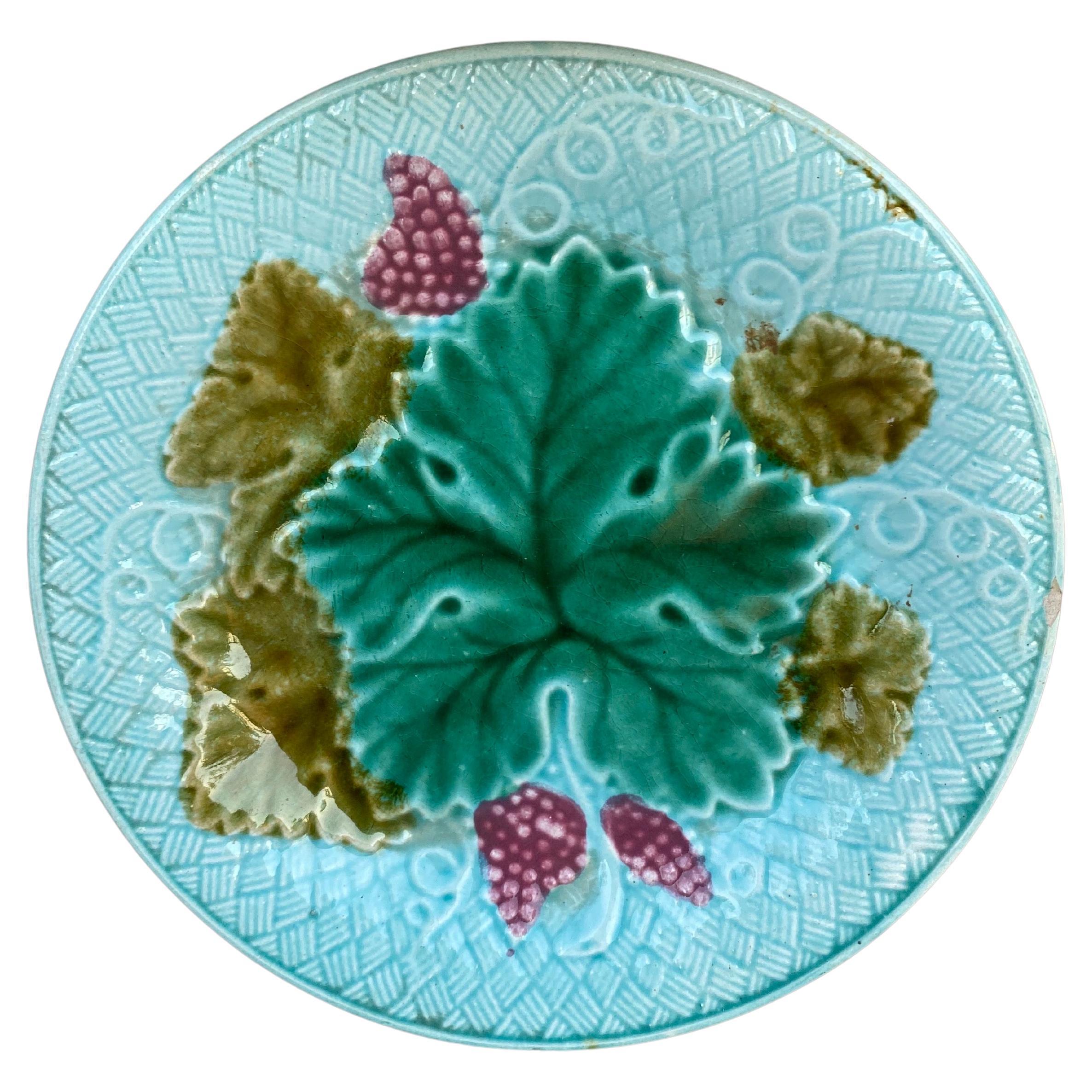 French Majolica Grapes Plate Salins, Circa 1890