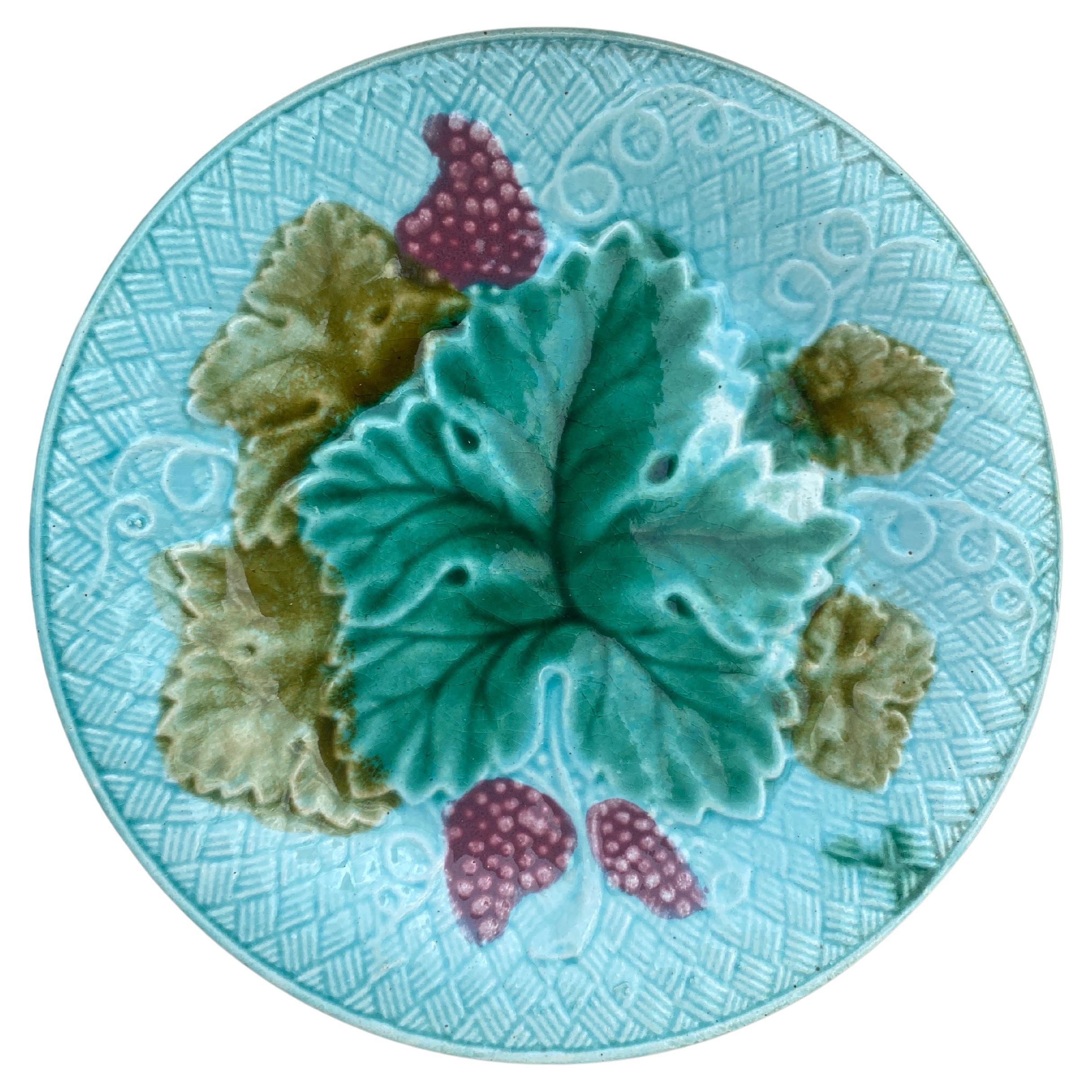 French Majolica Grapes Plate Salins, Circa 1890