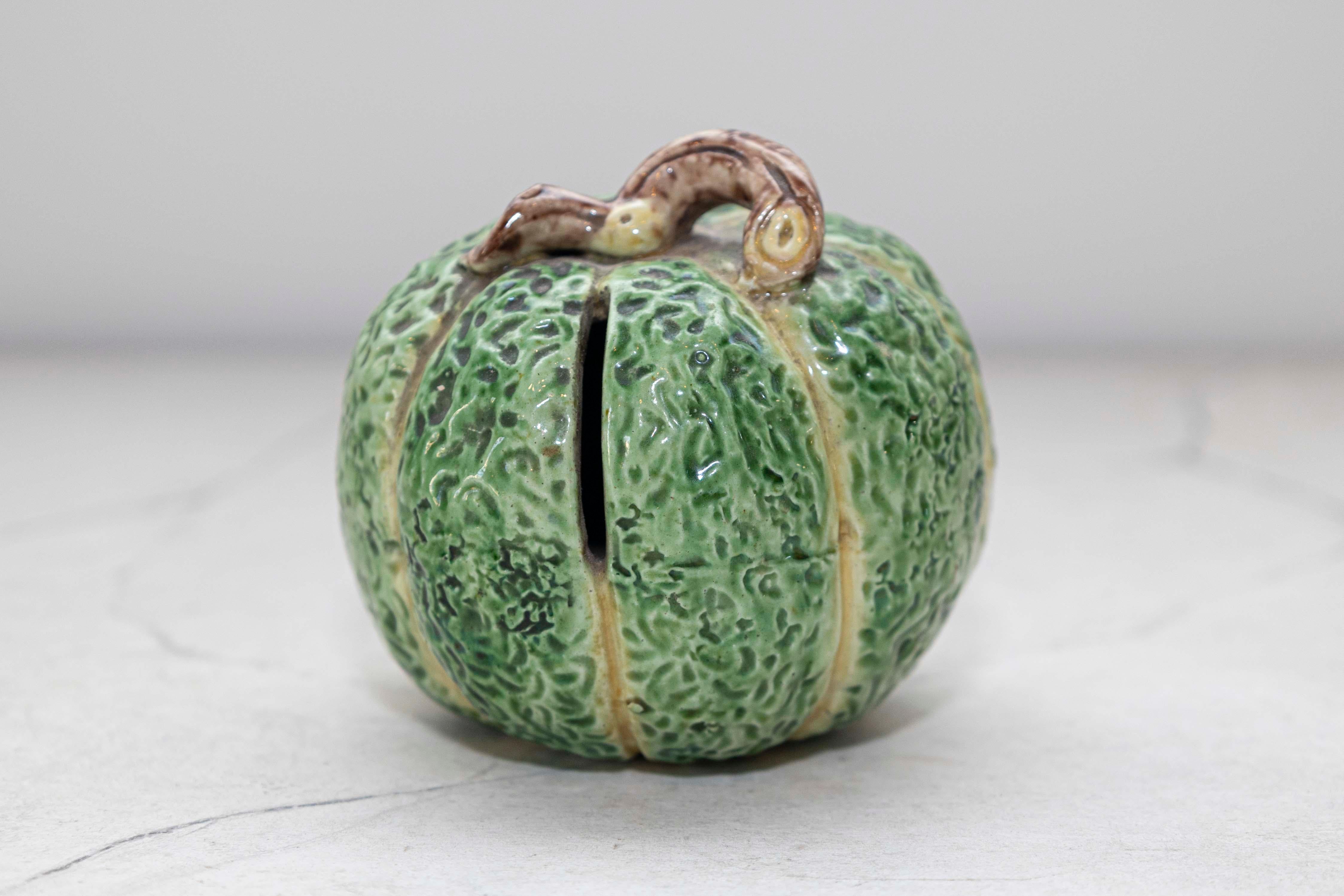 French Provincial French Majolica Green Pumpkin Gourd (Decorative Antique Coin Piggy Bank) For Sale