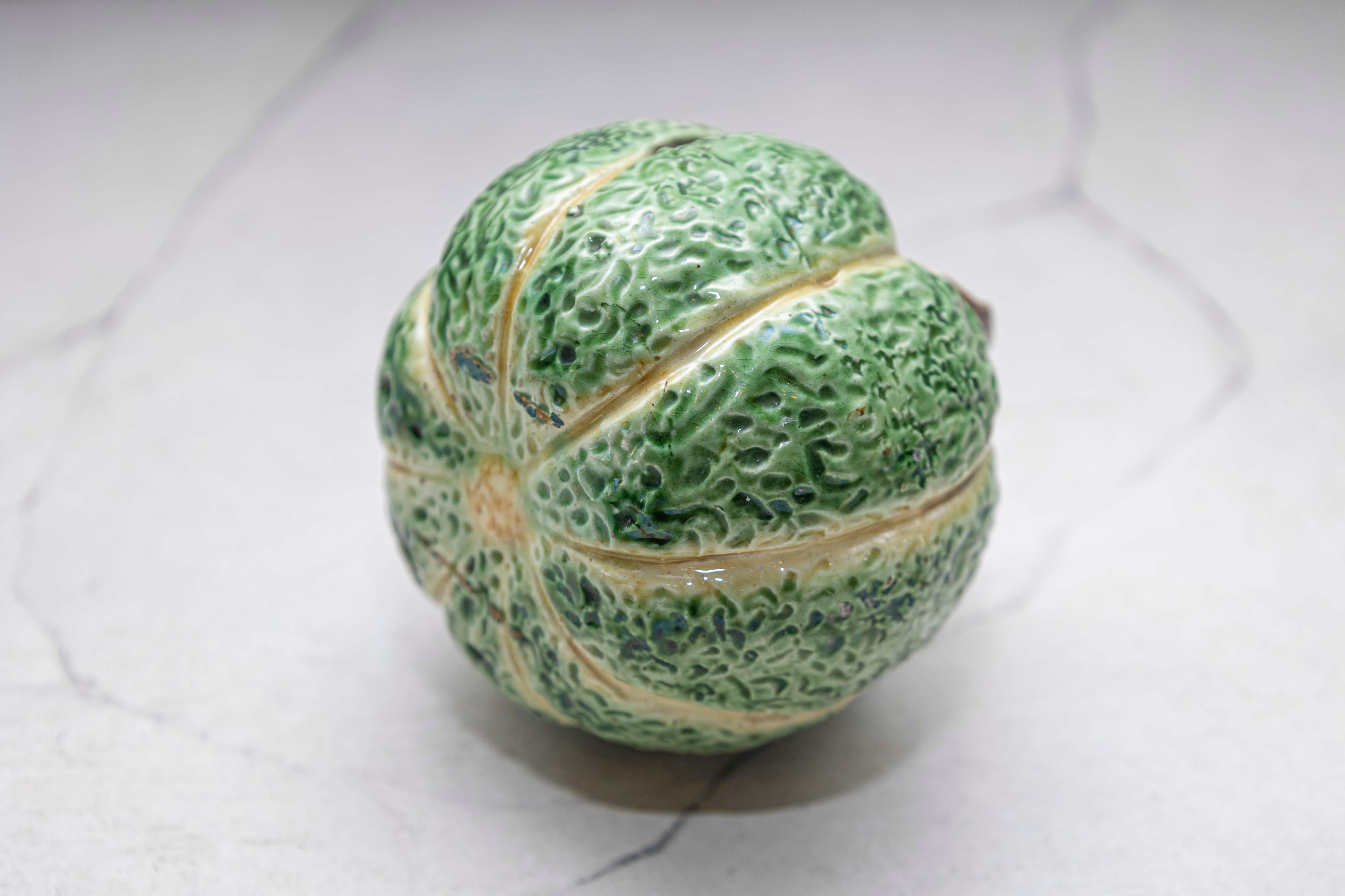 French Majolica Green Pumpkin Gourd (Decorative Antique Coin Piggy Bank) In Good Condition For Sale In Atlanta, GA
