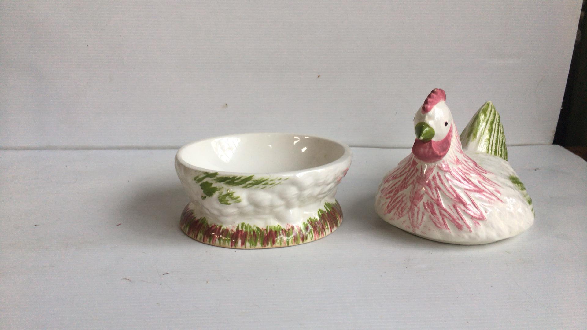 French country majolica hen tureen, circa 1950 signed Caugant.