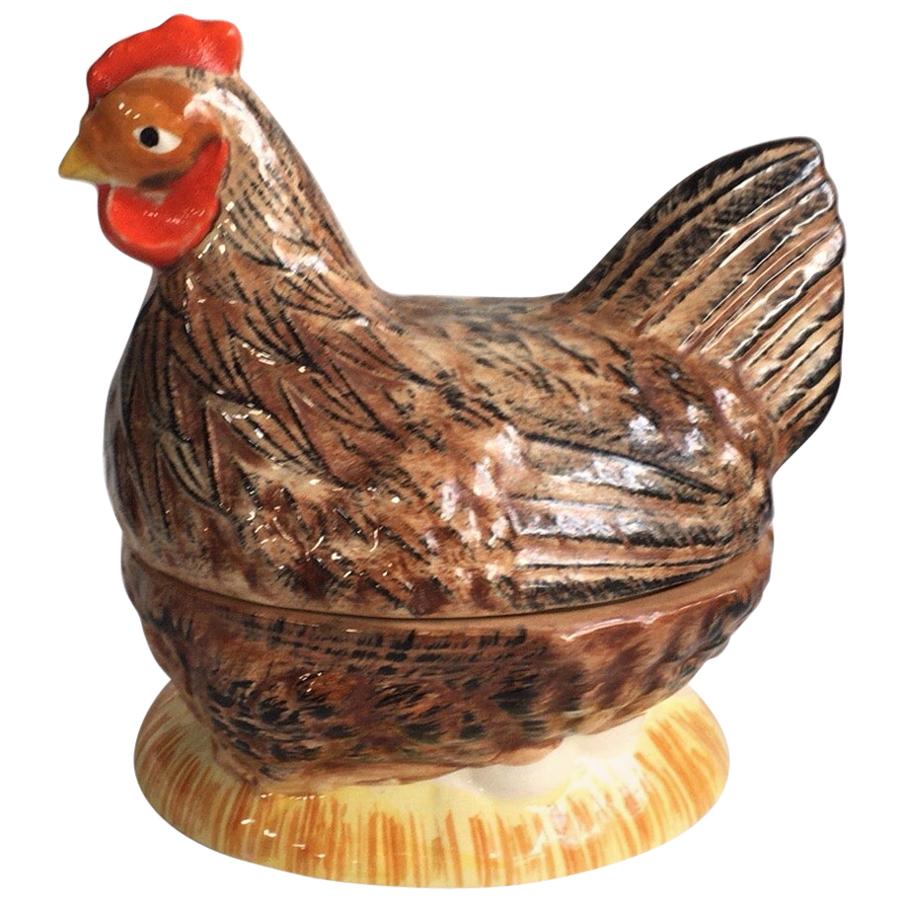 Mid-20th Century French Majolica Hen Tureen Caugant