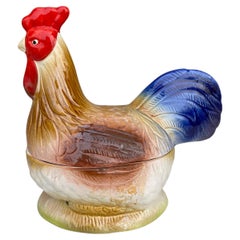 Retro French Majolica Rooster Tureen Caugant