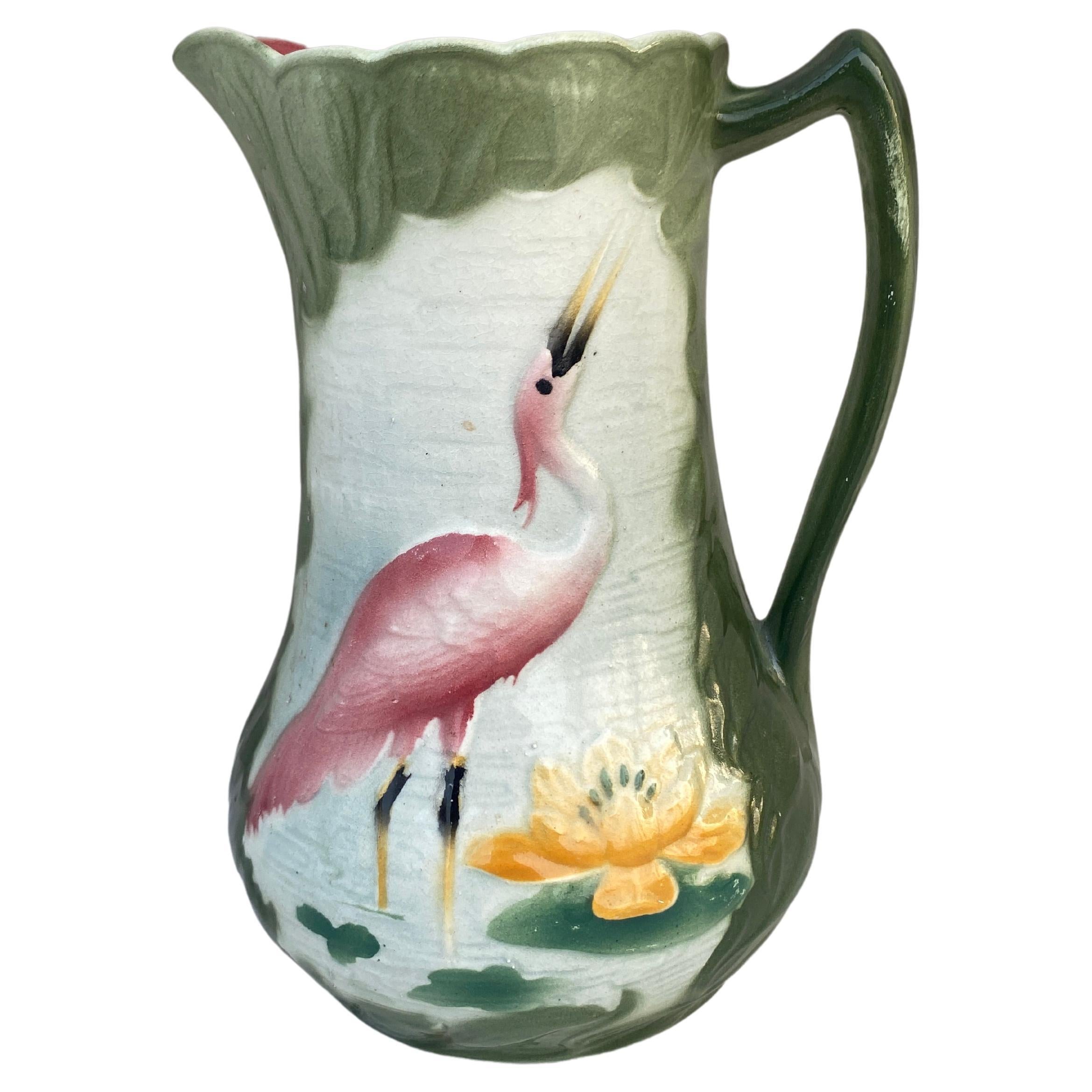 Elegant French Majolica Heron Pitcher signed Keller and Guerin Saint Clement, circa 1900.